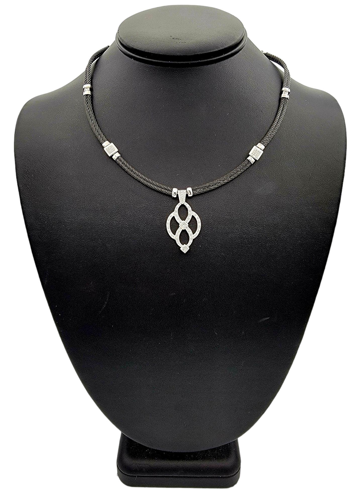 Philippe Charriol Celtic Noir Diamond Station Necklace in White Gold and Steel For Sale 5