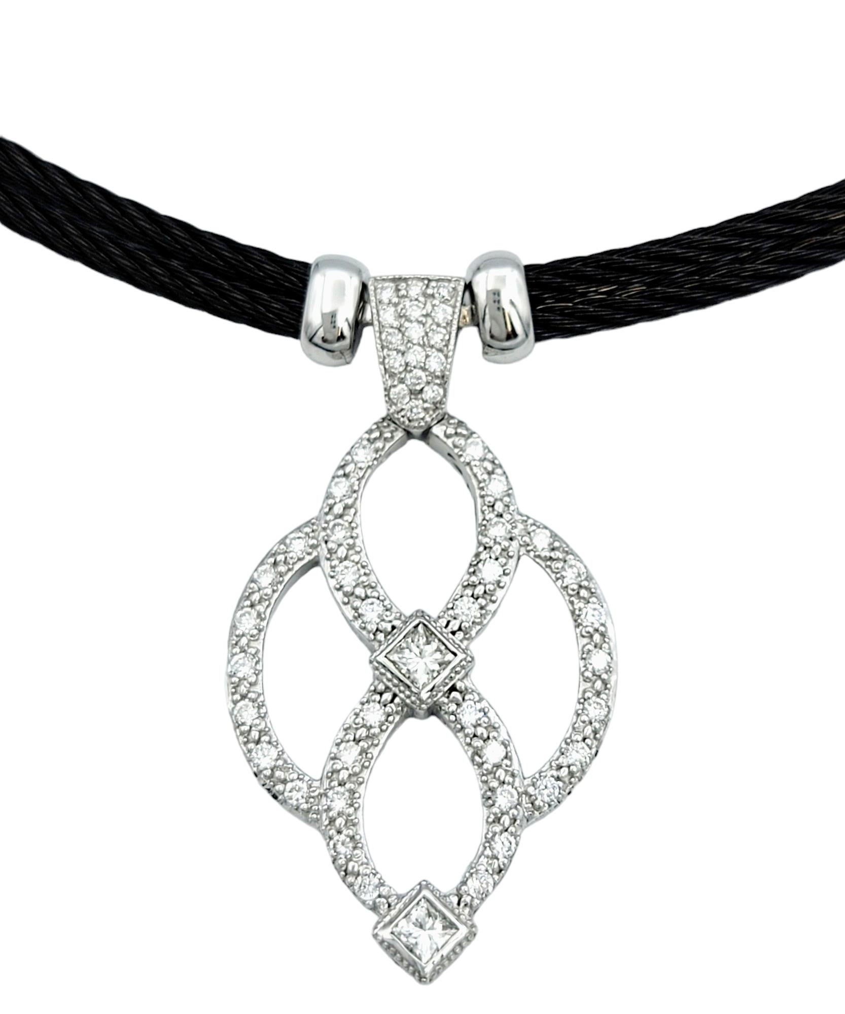 Contemporary Philippe Charriol Celtic Noir Diamond Station Necklace in White Gold and Steel For Sale
