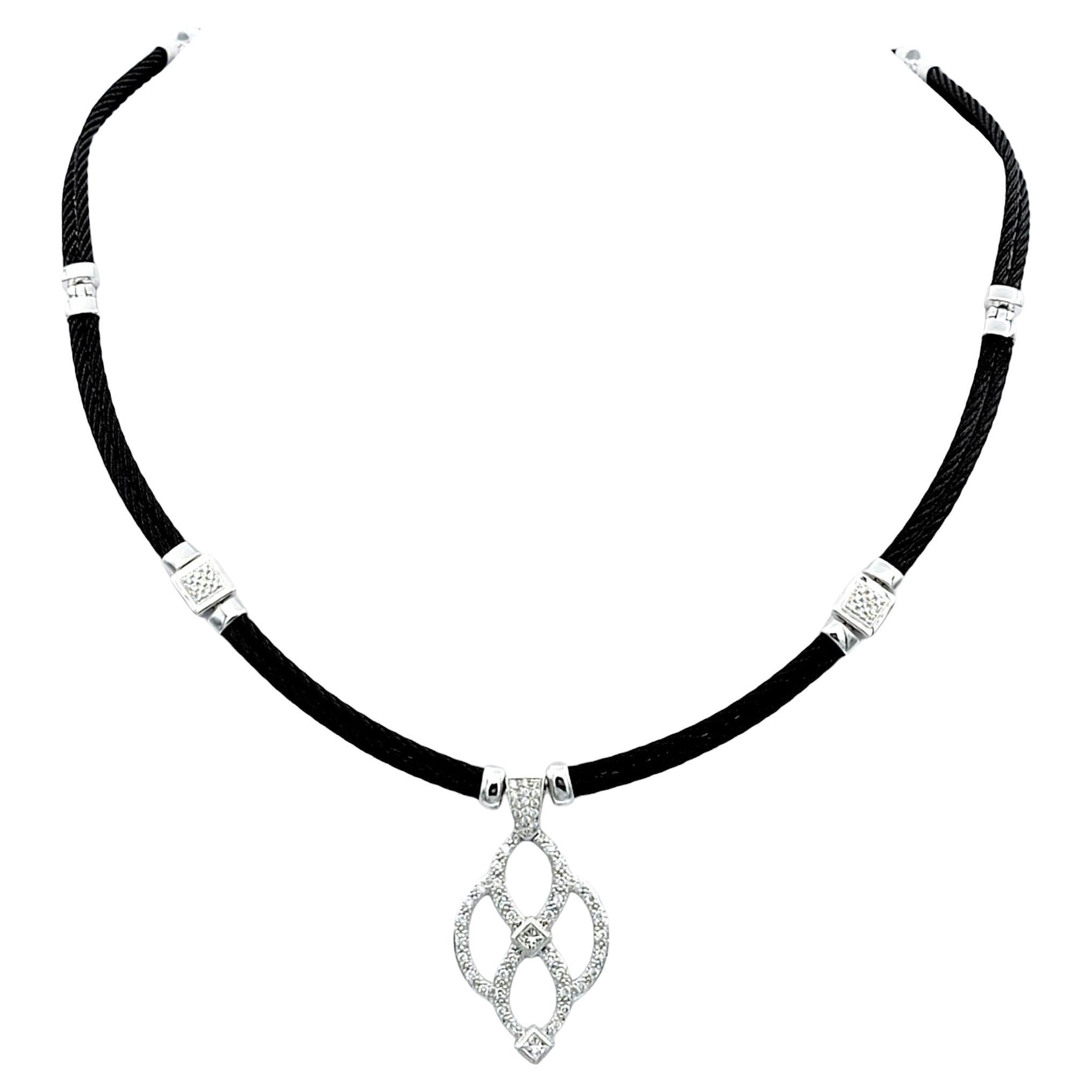 Philippe Charriol Celtic Noir Diamond Station Necklace in White Gold and Steel For Sale