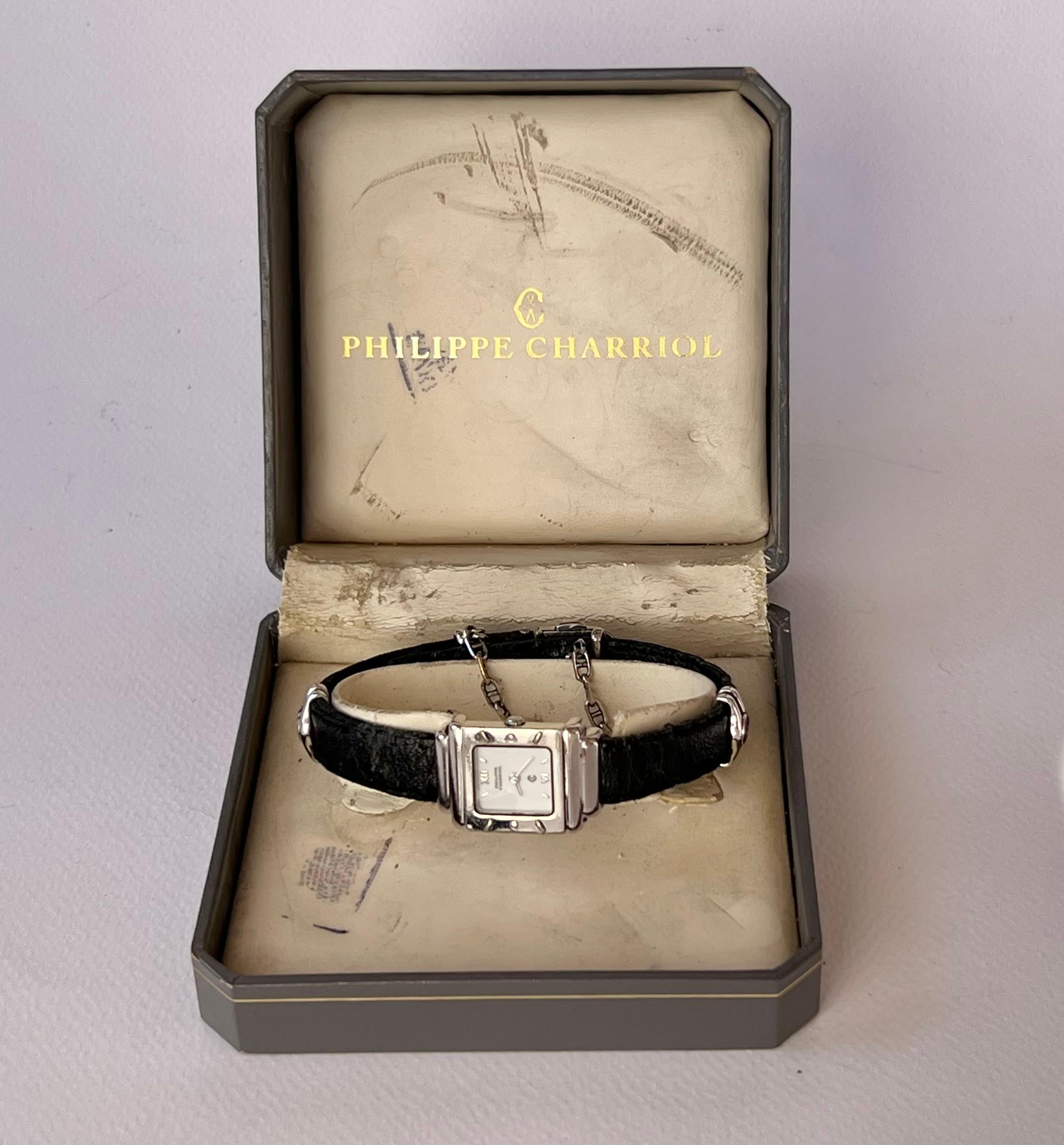 Brand : Philippe Charriol  

Model:  Saint-Tropez  

Ref: 6007909  

Country Of Manufacture: Switzerland

Movement: Quartz 

Case Material:  Sterling Silver

Measurements : 20mm x 28mm diameter (excluding crown ) 

Band Type : Black Leather  

Band