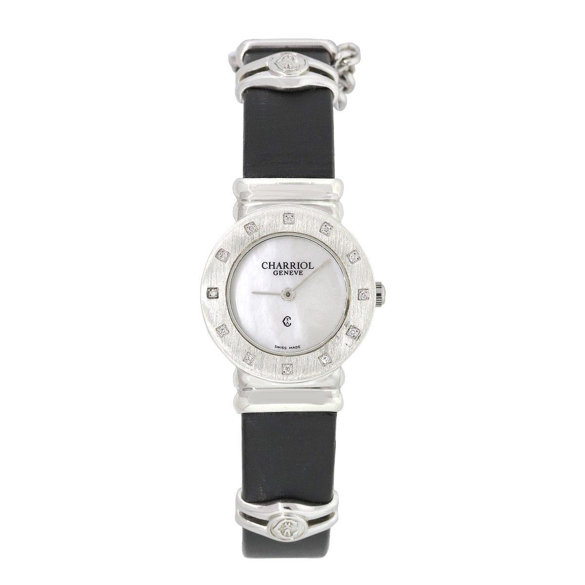 Brand: Philippe Charriol
Case Material: Sterling Silver
Case Diameter: 24mm
Crystal: Sapphire crystal
Bezel: Sterling Silver with diamonds
Dial: Mother of Pearl White Dial with silver hands
Bracelet: Black leather strap with sterling silver