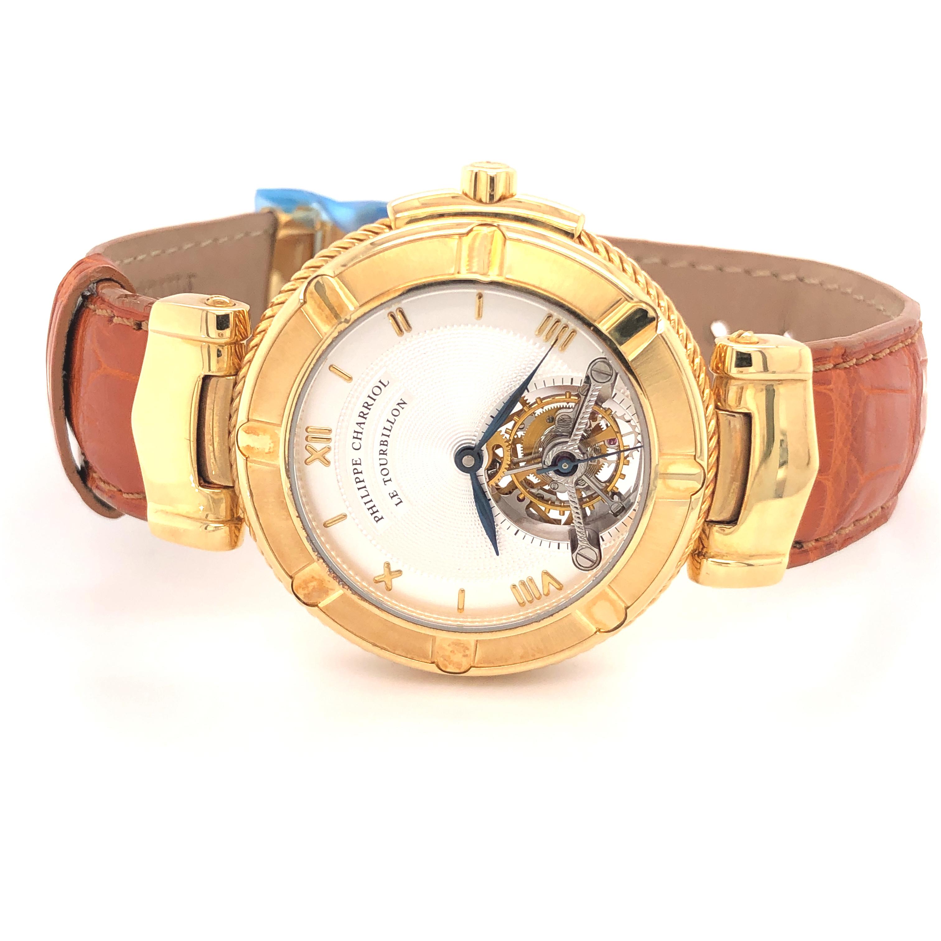 Women's or Men's Philippe Charriol Tourbillon 18 Karat Yellow Gold Bezel Watch Limited Edition #4 For Sale