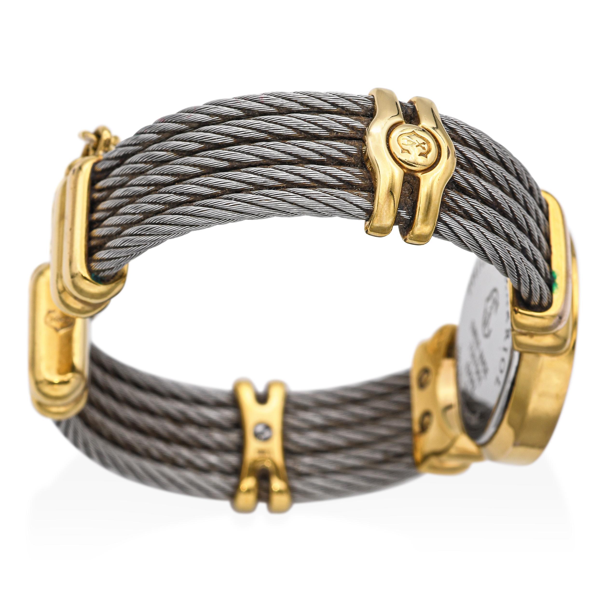 Philippe Charriol Two-Tone SS & 18k Plated Diamond Cable Cuff Quartz Watch For Sale 2