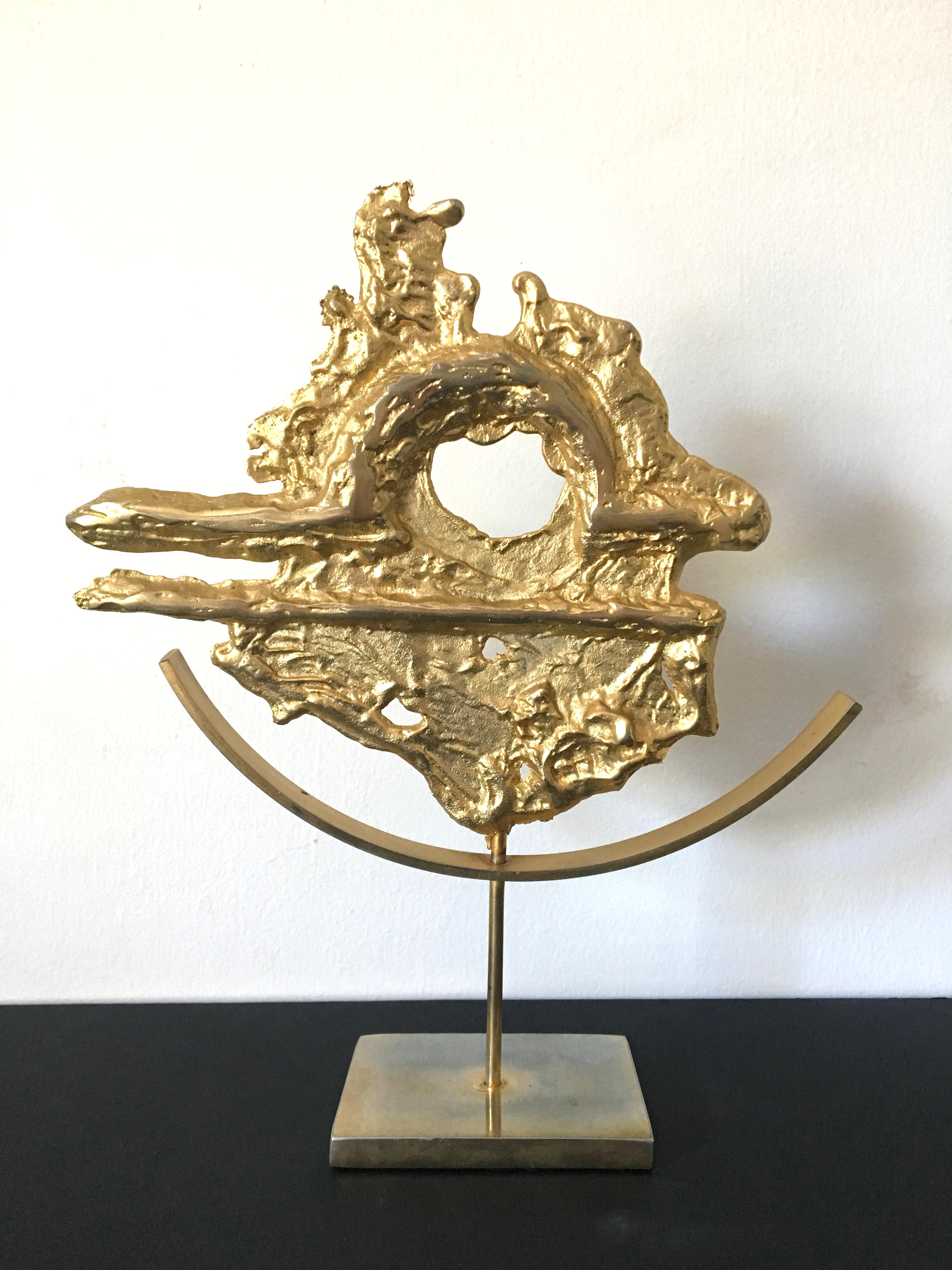 Philippe Cheverny Libra Zodiac Skulptur signiert, vergoldetes Metallguss (Brutalismus) im Angebot