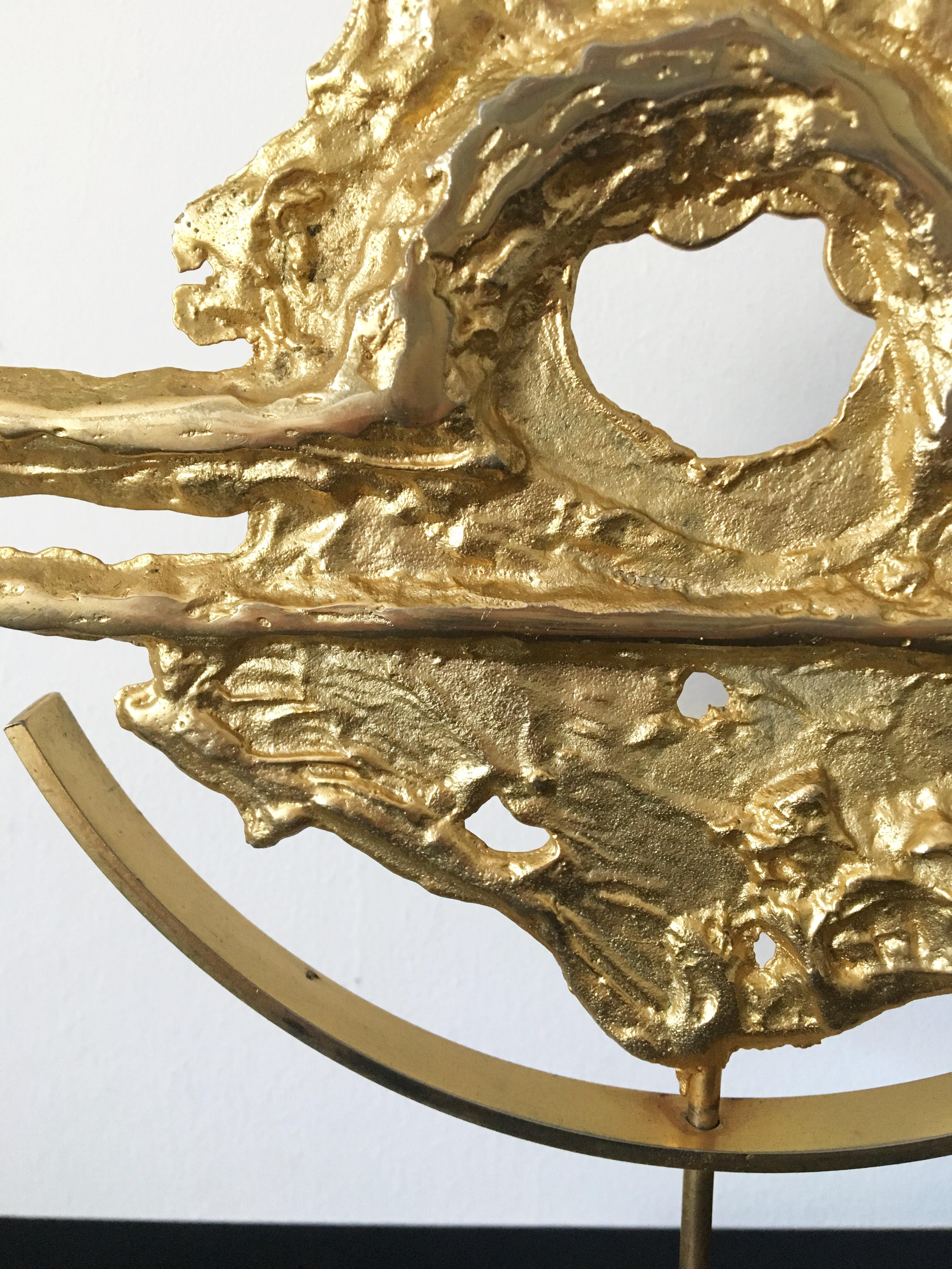 Brutalist Philippe Cheverny Libra Zodiac Sculpture Signed, Gilded Cast Metal For Sale