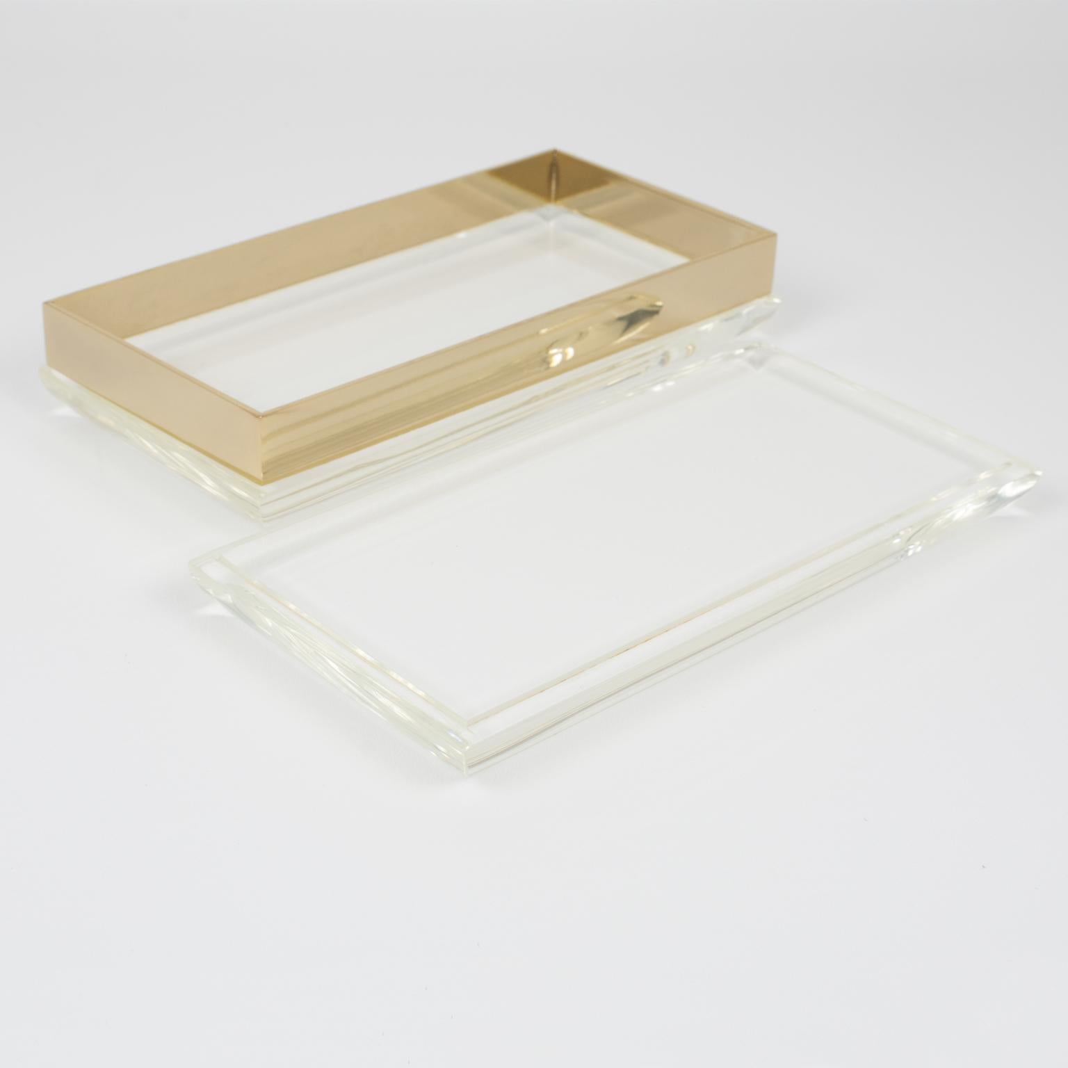 French Philippe Cheverny Style Geometric Lucite and Gilded Metal Box, France 1970s For Sale