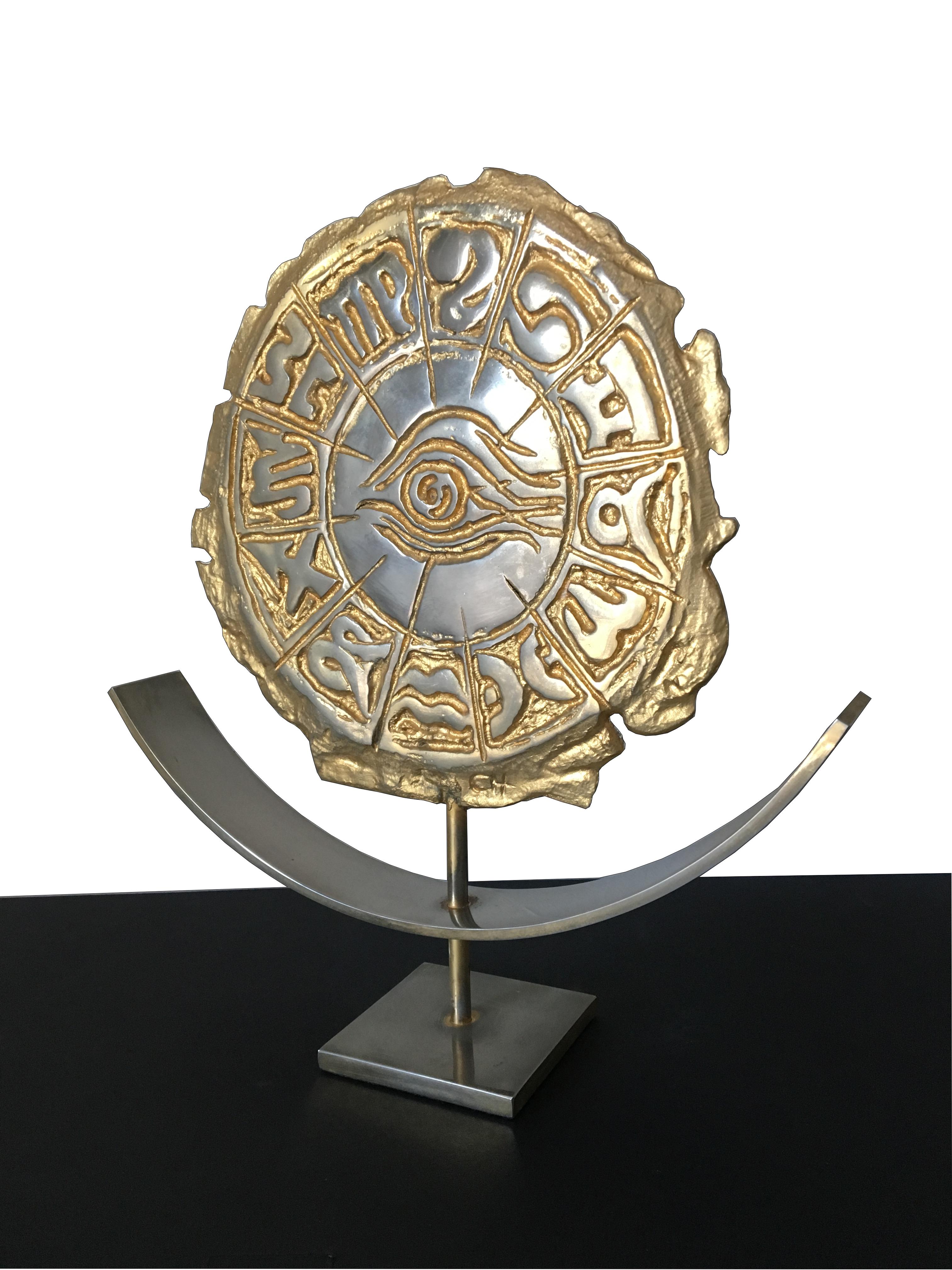 French Philippe Cheverny Zodiac Sculpture Signed Philippe Cherverny Cast Metal, Gilded For Sale
