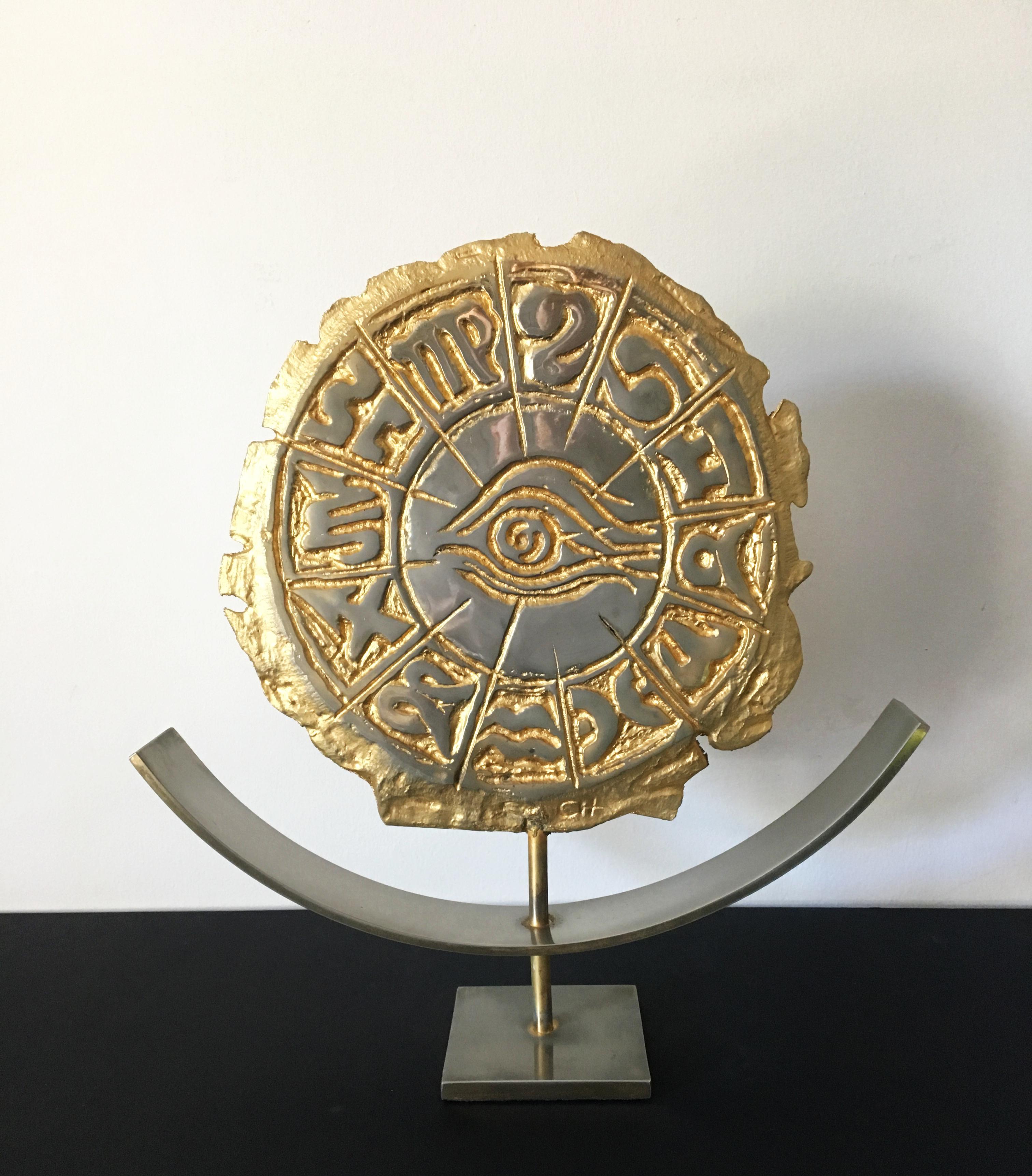 Philippe Cheverny Zodiac Sculpture Signed Philippe Cherverny Cast Metal, Gilded In Good Condition For Sale In Sherborne, GB