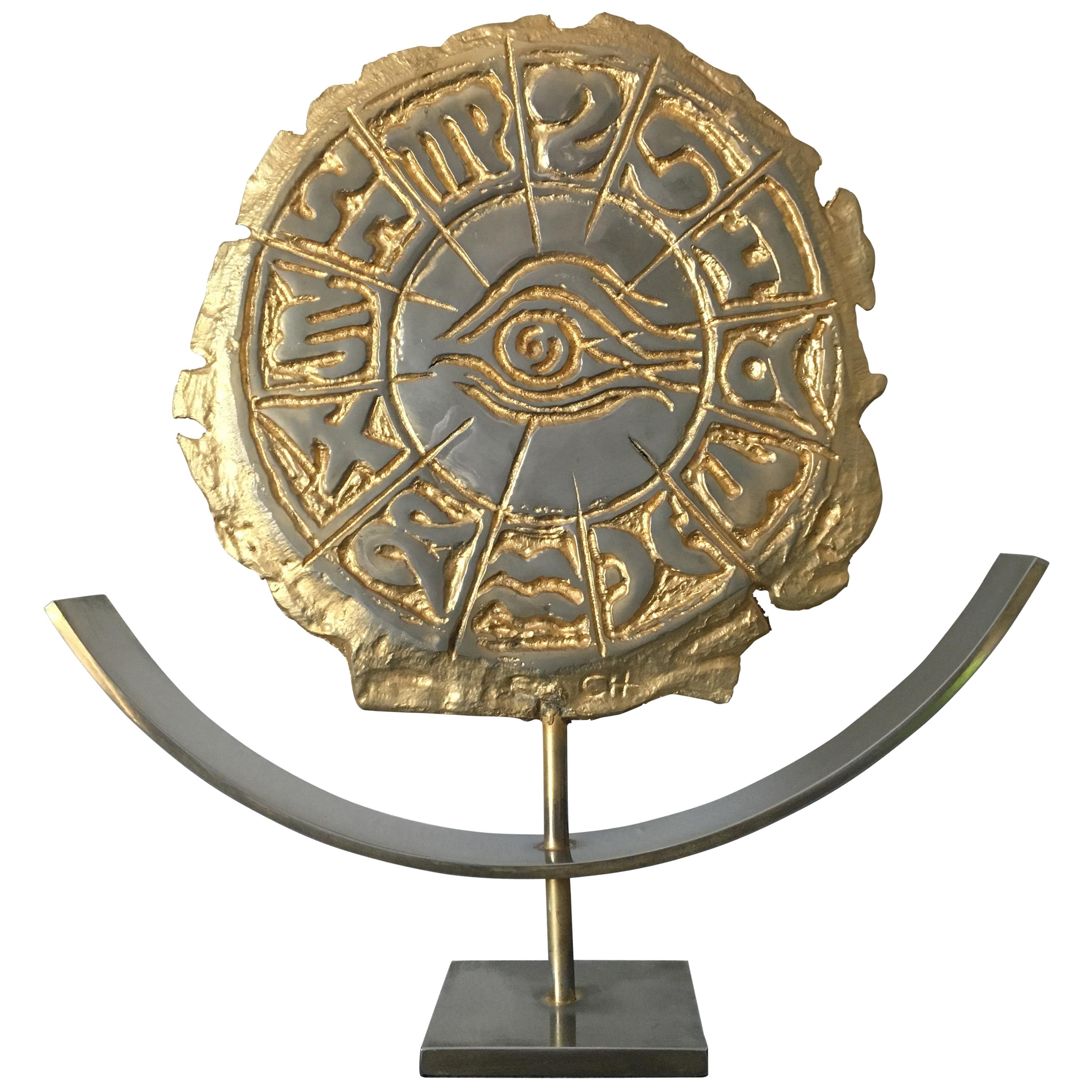 Philippe Cheverny Zodiac Sculpture Signed Philippe Cherverny Cast Metal, Gilded For Sale