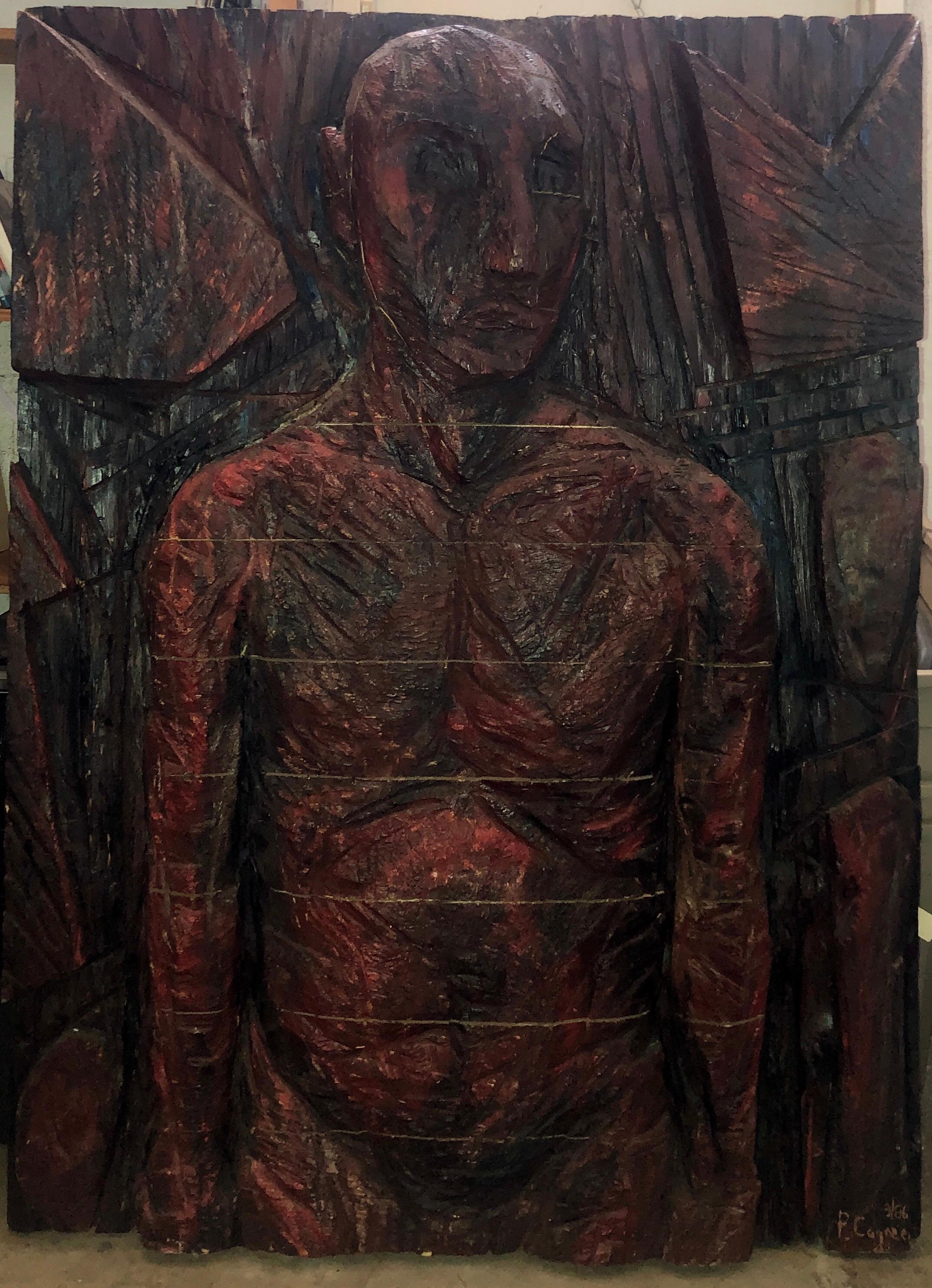Pintura tallada Philippe Cognee  Escultura expresionista en relieve de madera Arte africano en venta 4