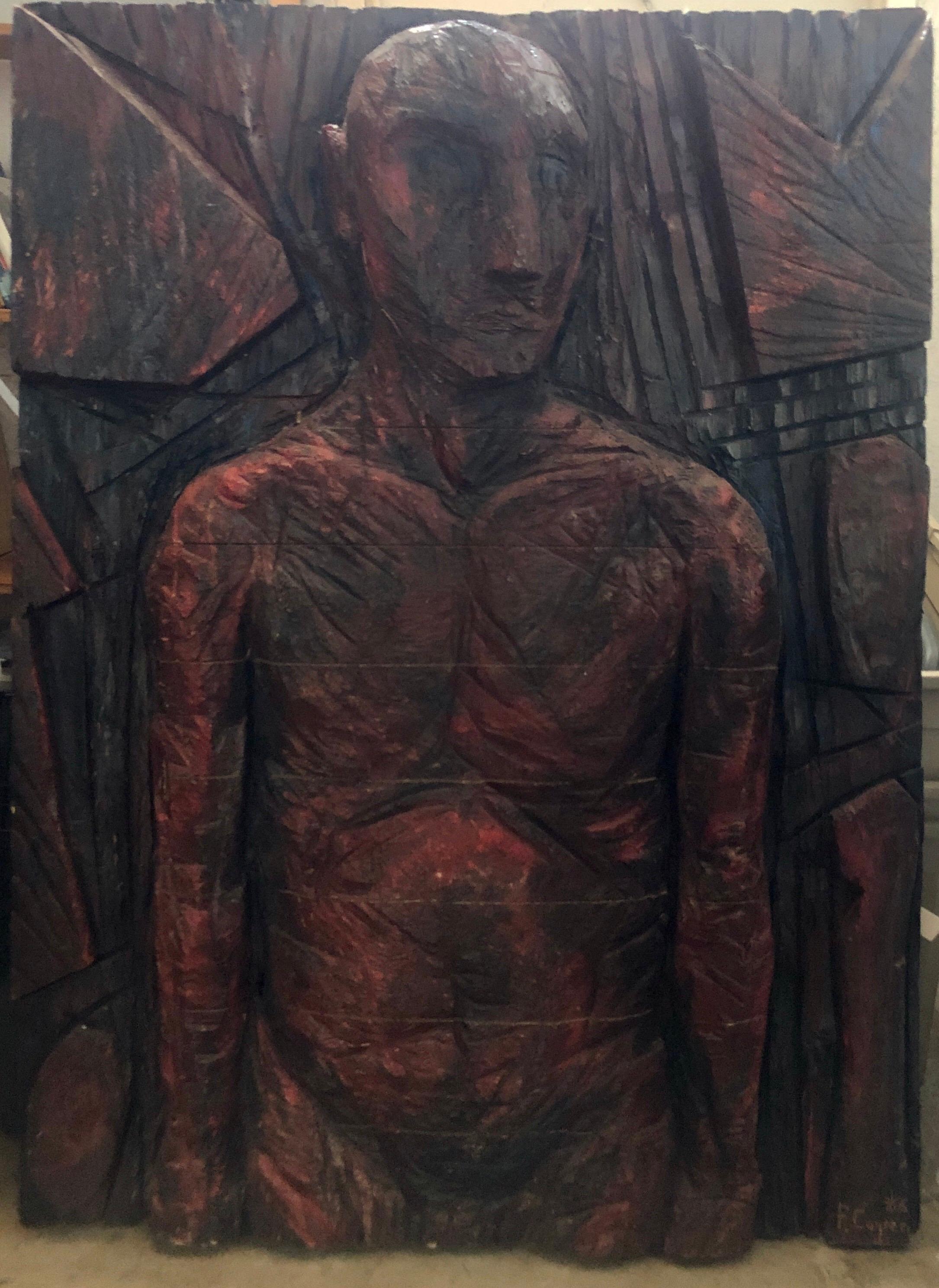 Pintura tallada Philippe Cognee  Escultura expresionista en relieve de madera Arte africano en venta 5