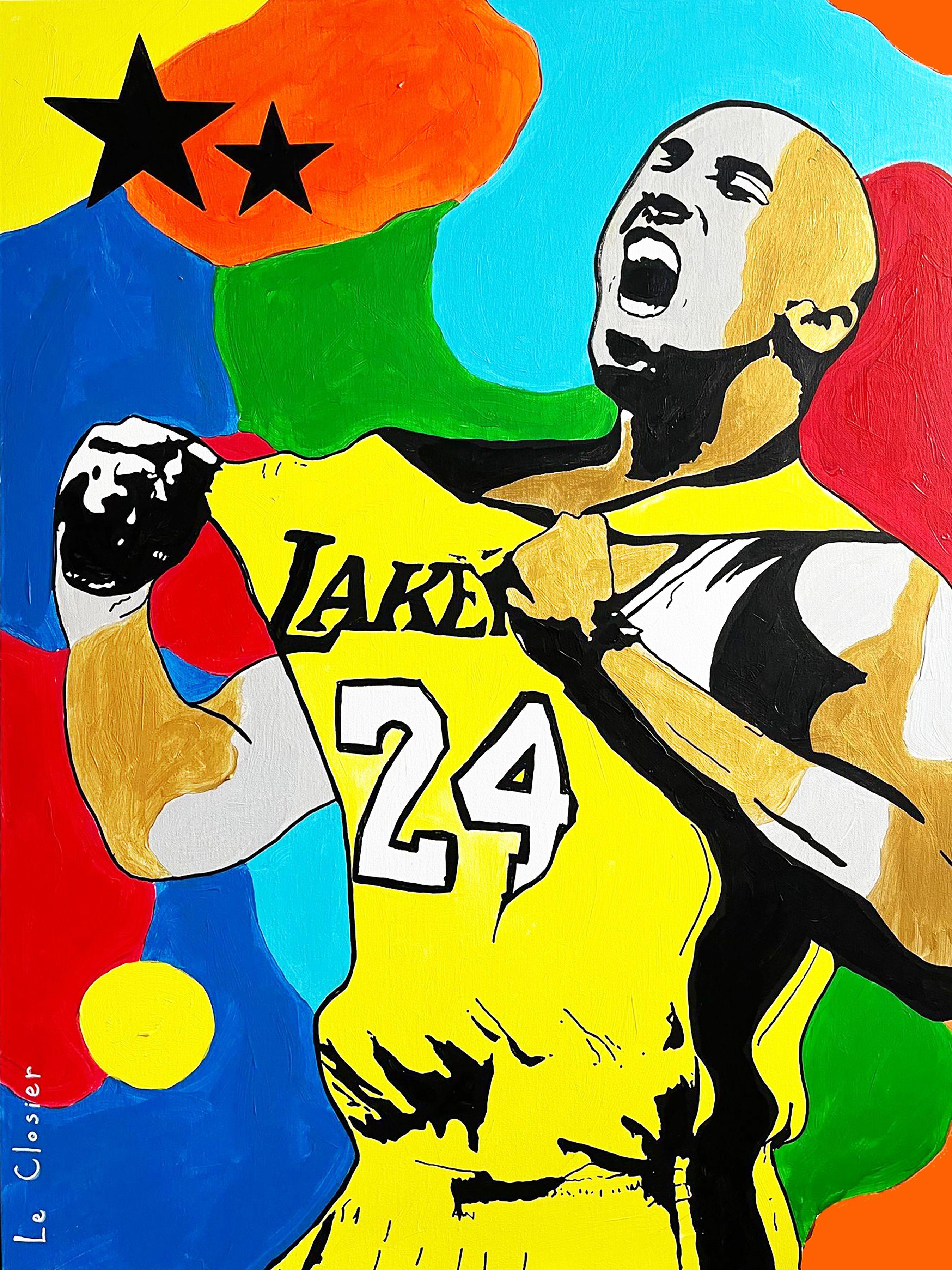 Tribute to Los Angeles Lakers player and NBA legend Kobe Bryant (1978-2020).  The 2 black stars represent Kobe and his daughter Gianna.  They both died with seven other people in a dramatic helicopter crash in Calabasas, CA on January 26, 2020. 