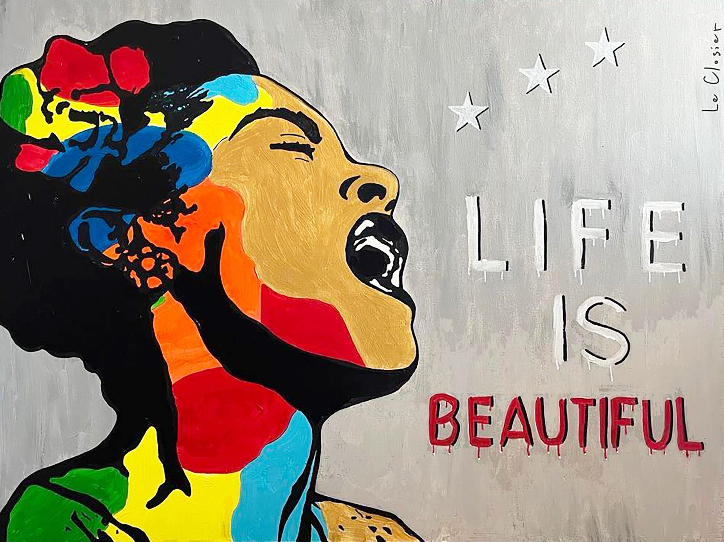 LIFE IS BEAUTIFUL IV  Homage to street artist Banksy (with Billie Holiday).  Acrylic and oil on canvas.  30in x 40in (76cm x 101cm).  Ready to hang. :: Painting :: Pop-Art :: This piece comes with an official certificate of authenticity signed by