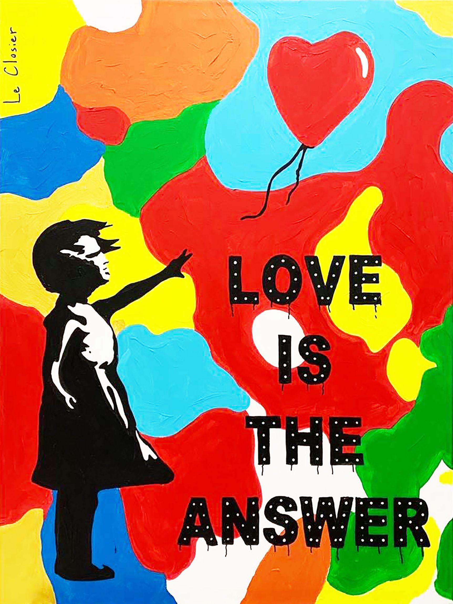 LOVE IS THE ANSWER  Homage to street artist BANKSY.  Acrylic and spray paint on canvas.  30in x 40in (76cm x 101cm).  Ready to hang. :: Painting :: Pop-Art :: This piece comes with an official certificate of authenticity signed by the artist ::