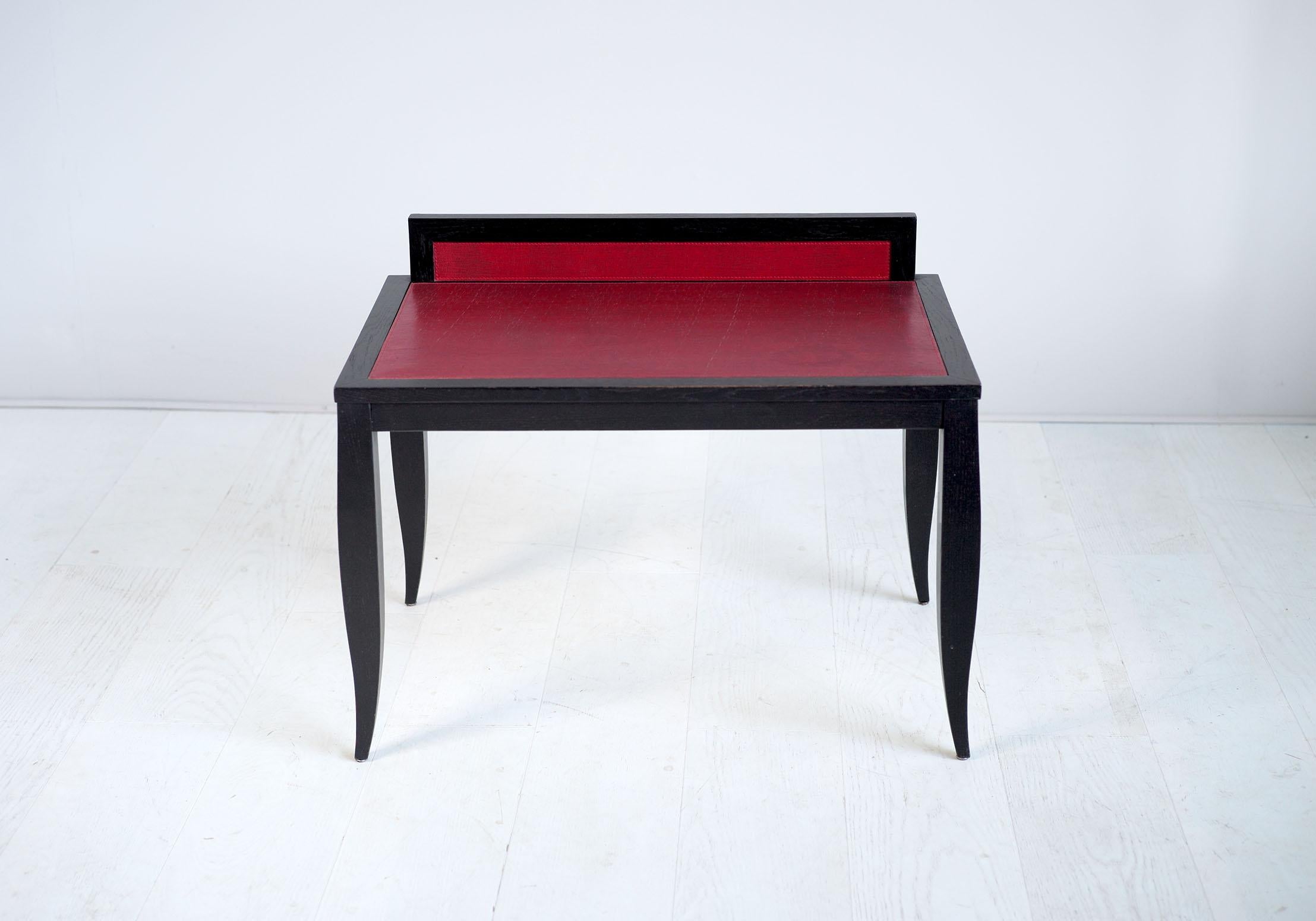 French Philippe Delzers, Table in Blackened Oak and Red Leather, France, 1998 For Sale