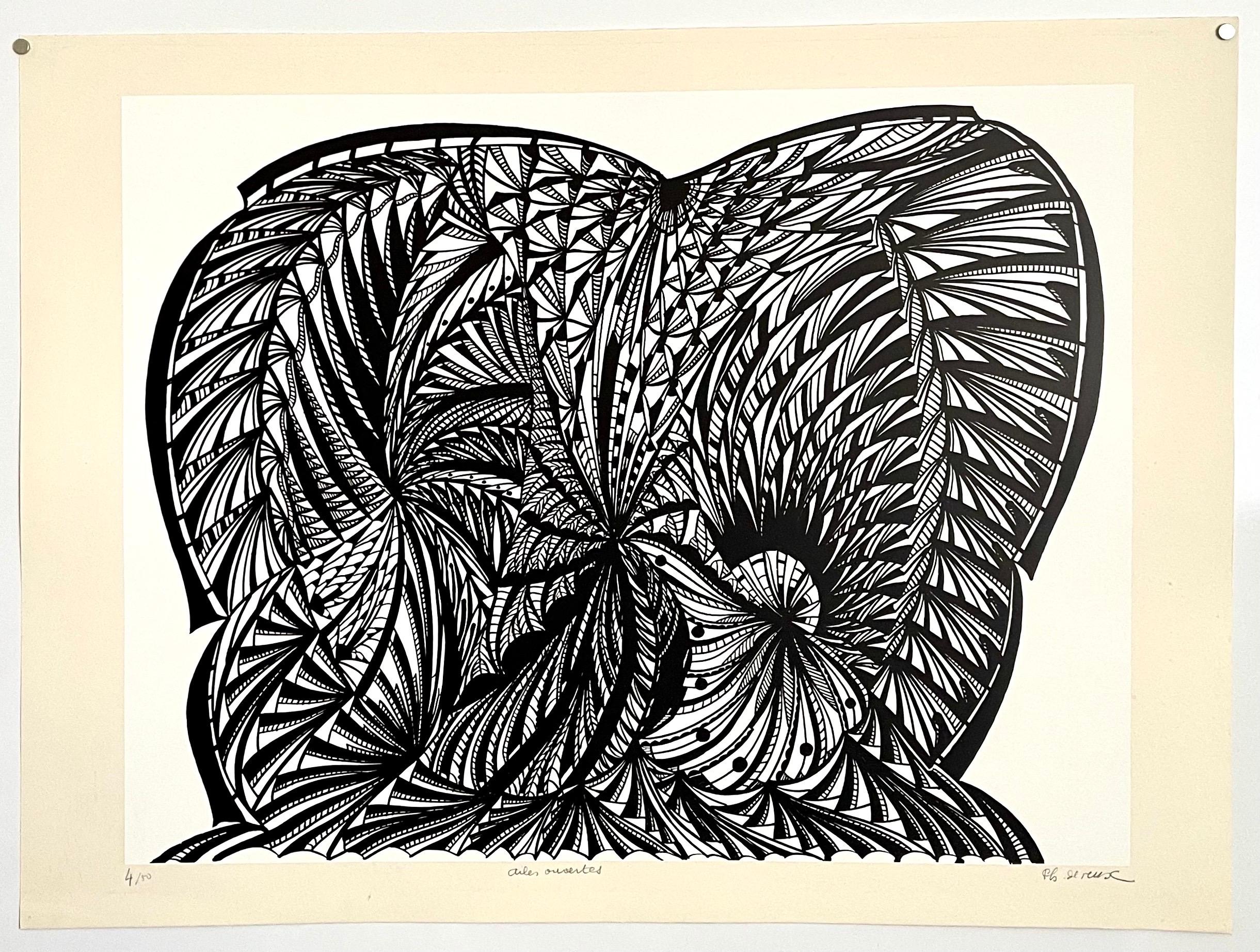 Large 1960s French Art Brut Lithograph Bold Black & White Op Art Philippe Dereux For Sale 1