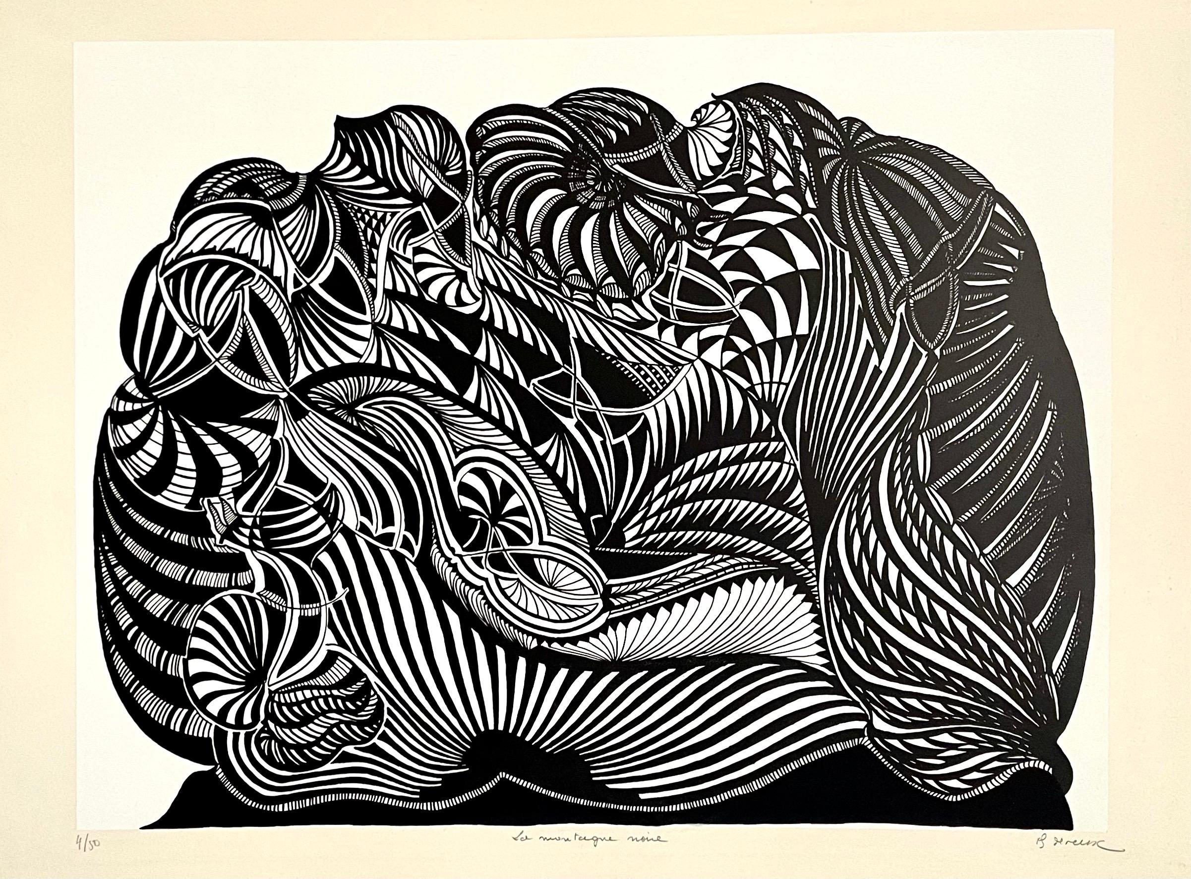 Large 1960s French Art Brut Lithograph Bold Black & White Op Art Philippe Dereux For Sale 1