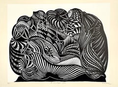 Large 1960s French Art Brut Lithograph Bold Black & White Op Art Philippe Dereux