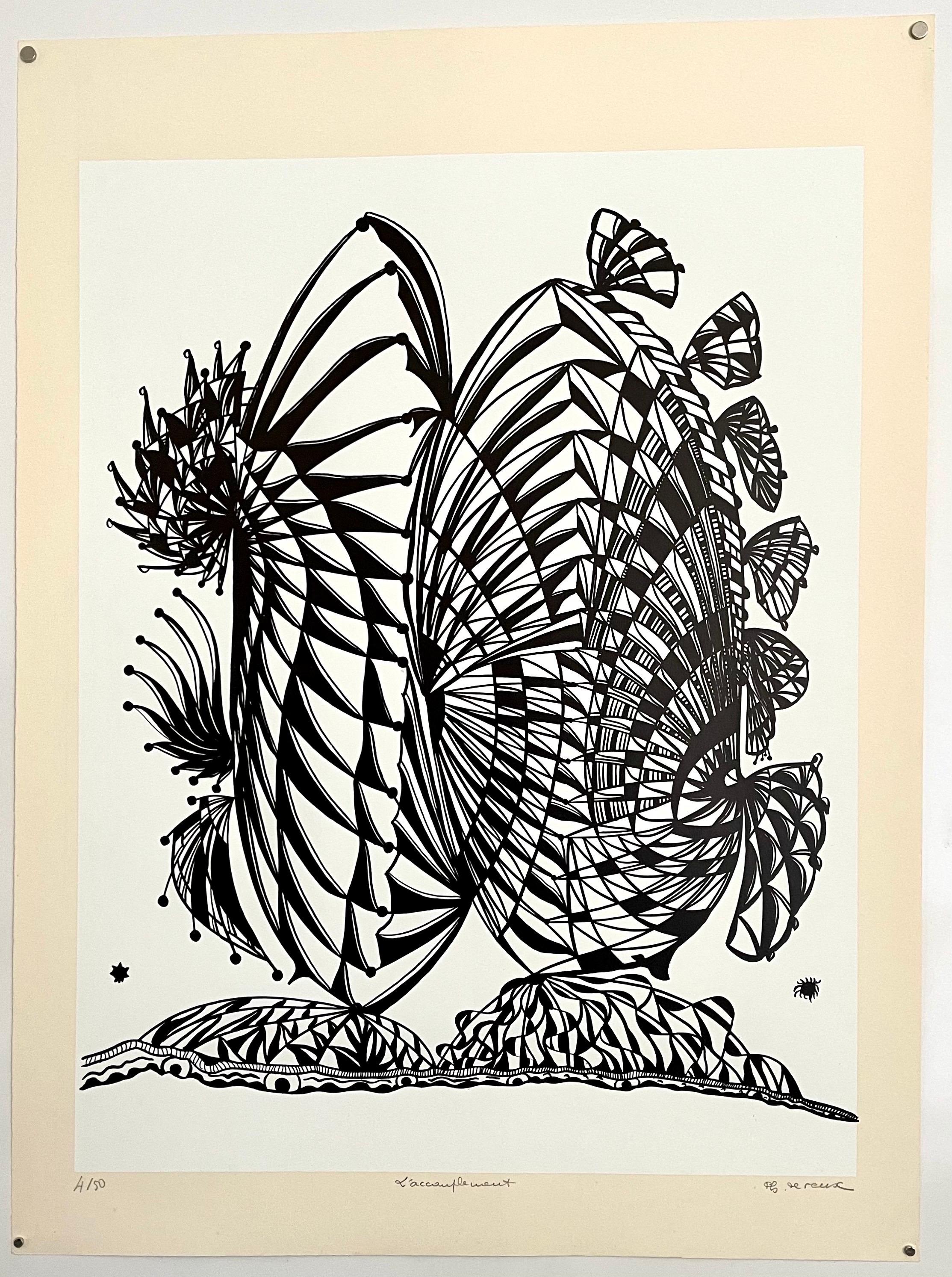 printed by Pierre Chave, Vence, published by Bianchi Frères in Nice, France
ink on watermarked chiffon de Mandeure paper, hand signed in pencil lower right, "PH Dureux," numbered 4/50 lower left, titled in pencil center.
This might be a silkscreen
