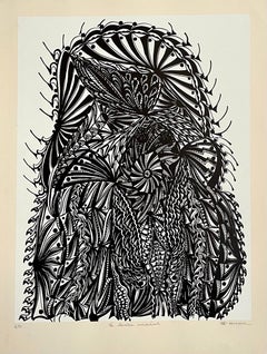 Retro Large 1960s French Art Brut Lithograph Bold Black & White Op Art Philippe Dereux