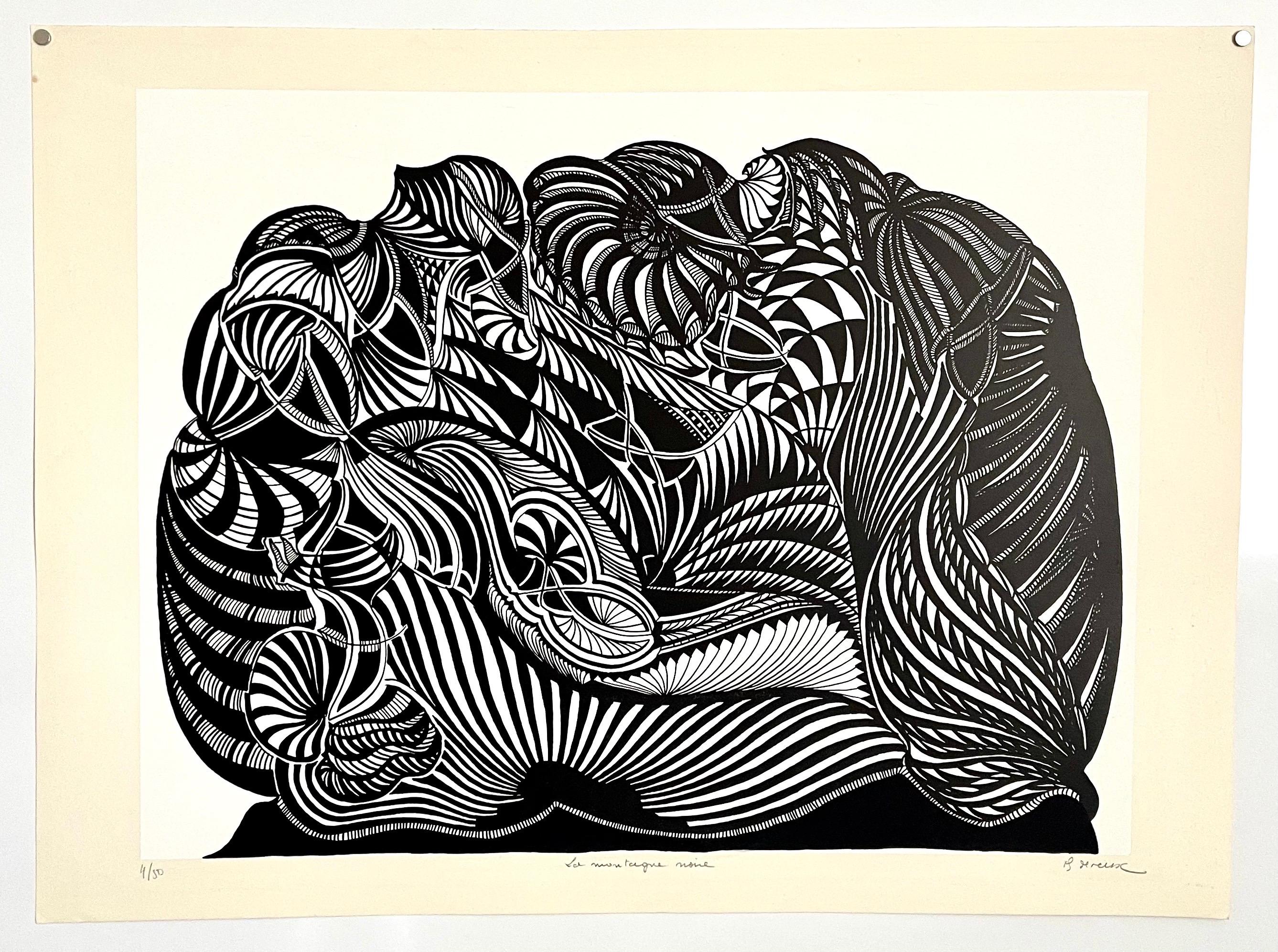 Large 1960s French Art Brut Lithograph Bold Black & White Op Art Philippe Dereux