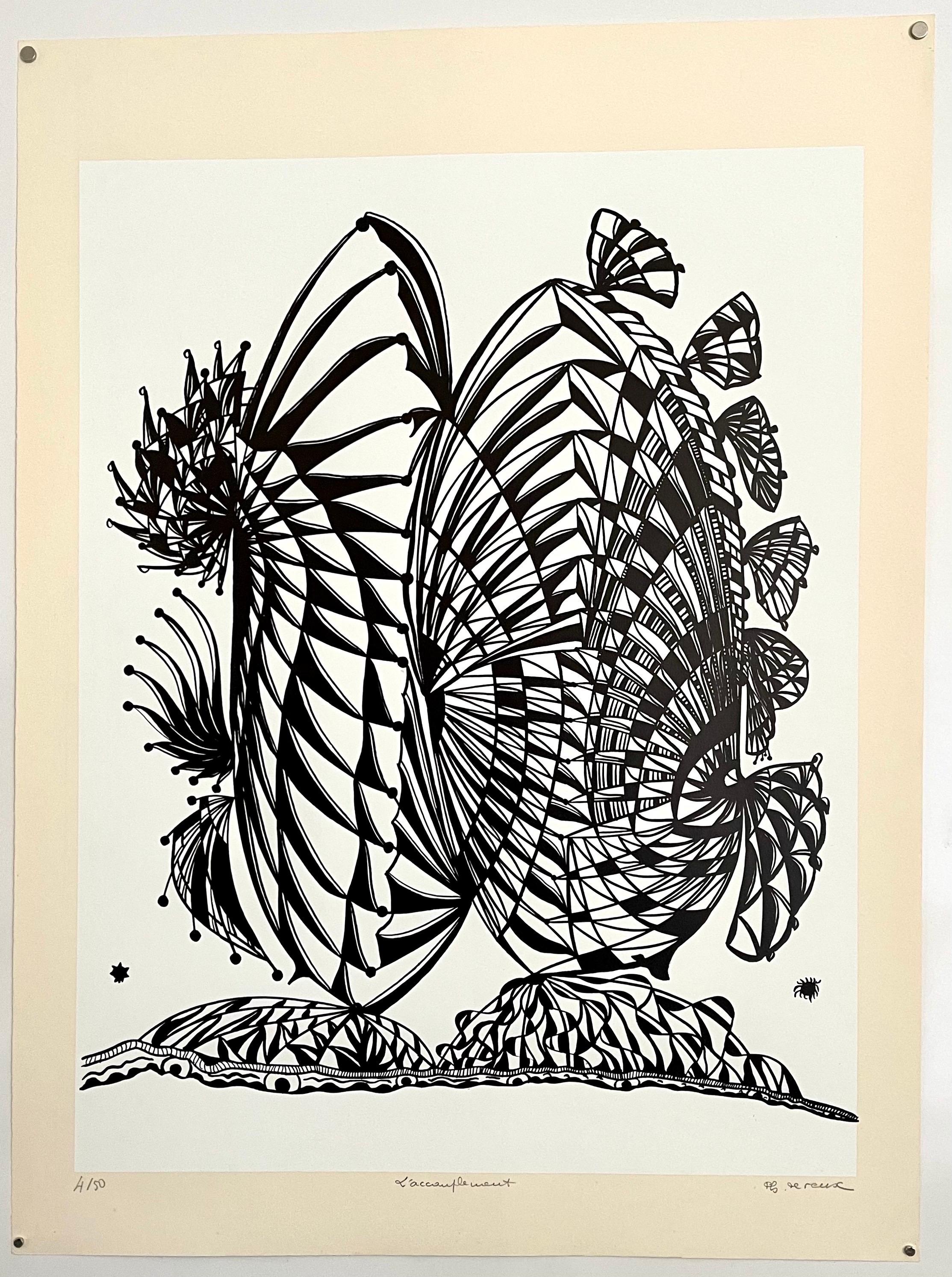 Gran litografía francesa Art Brut de los años 60 Negrita y blanca Op Art Philippe Dereux