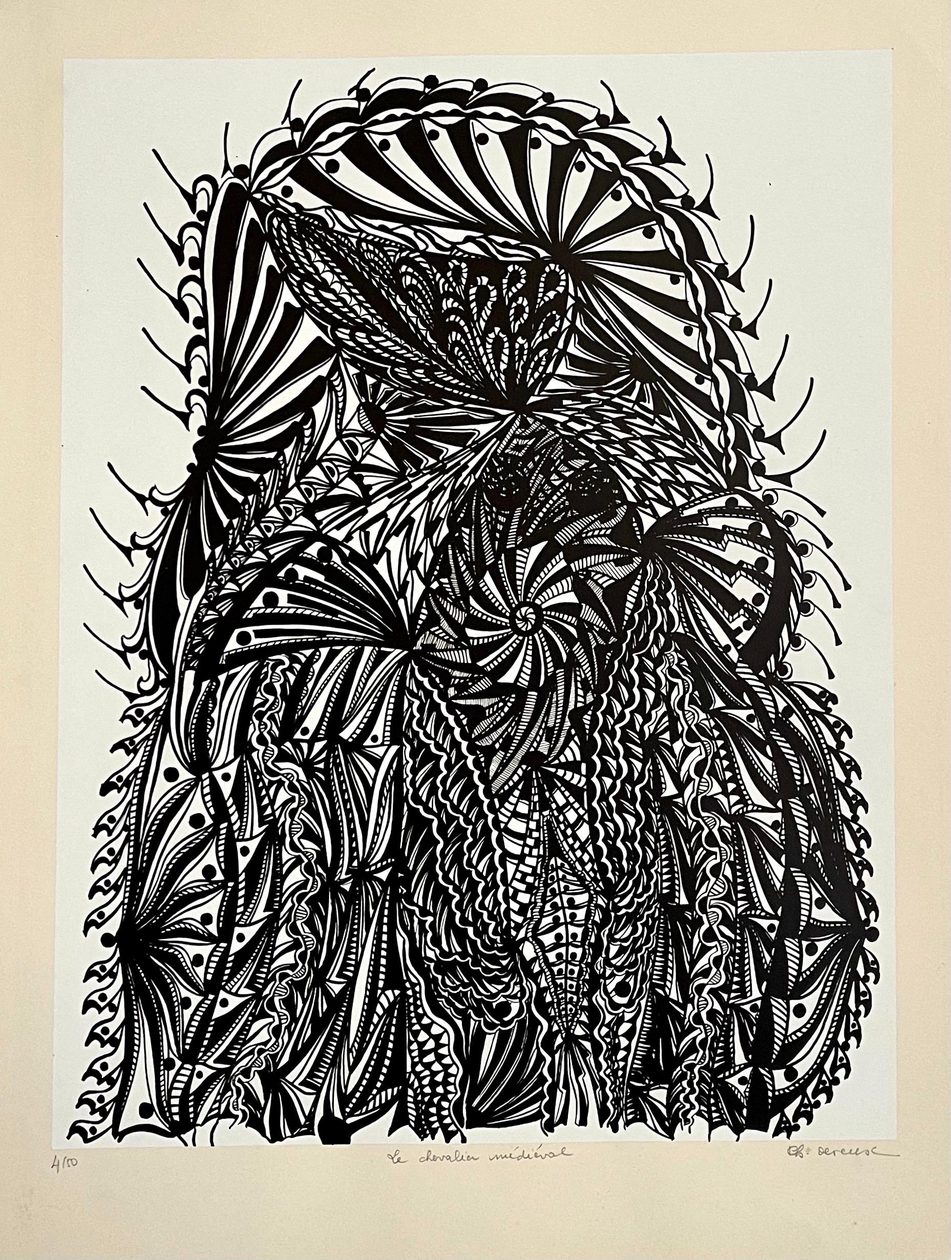 Gran litografía francesa Art Brut de los años 60 Negrita y blanca Op Art Philippe Dereux