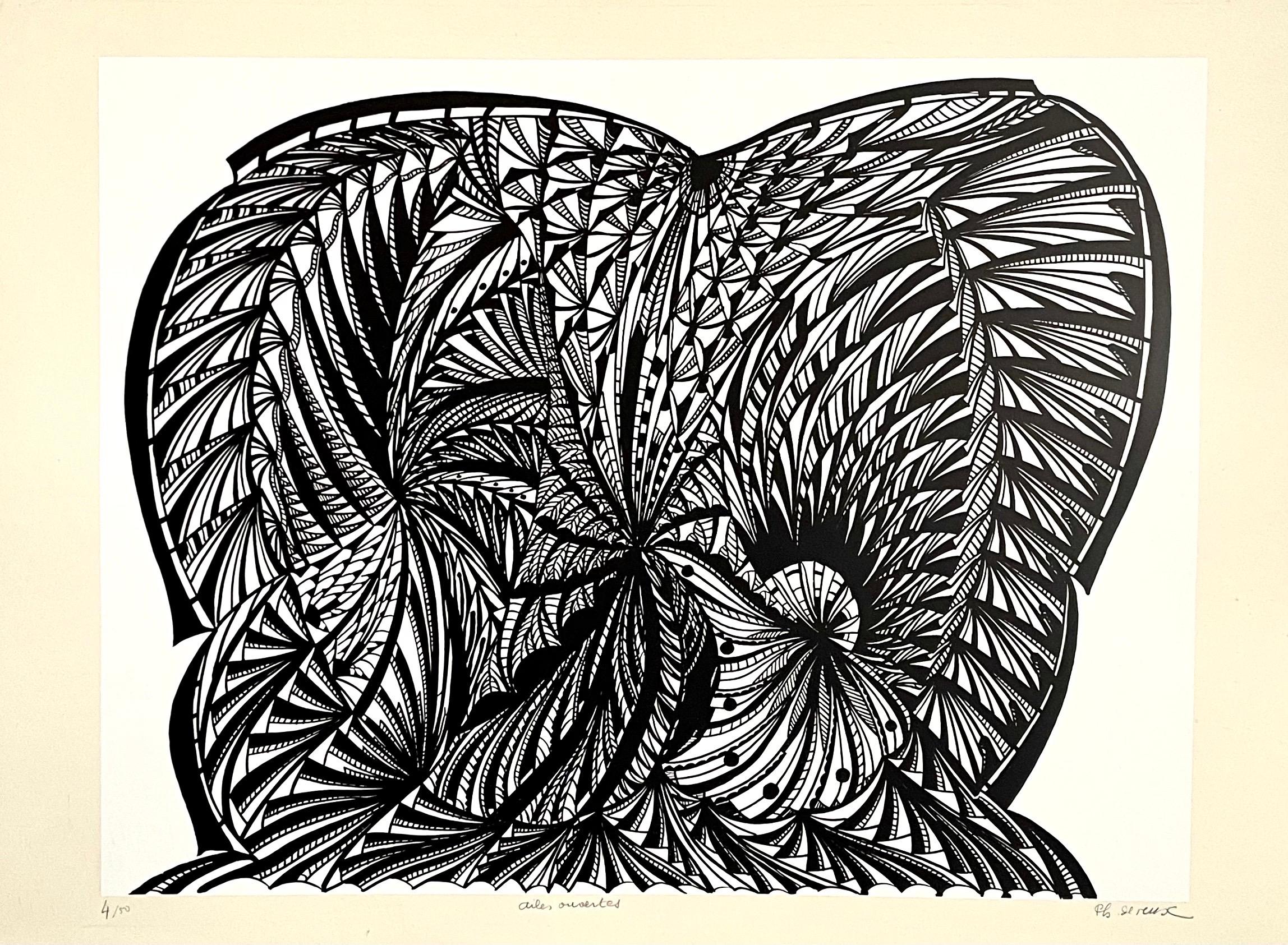 Gran litografía francesa Art Brut de los años 60 Negrita y blanca Op Art Philippe Dereux