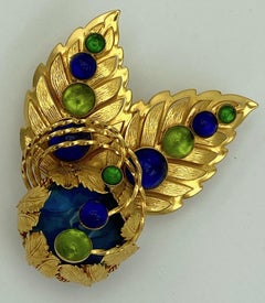 Philippe Ferrandis  1980s Large Gold Flower Brooch with Blue & Green Cabochons