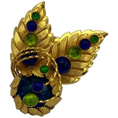 Philippe Ferrandis  1980s Large Gold Flower Brooch with Blue & Green Cabochons