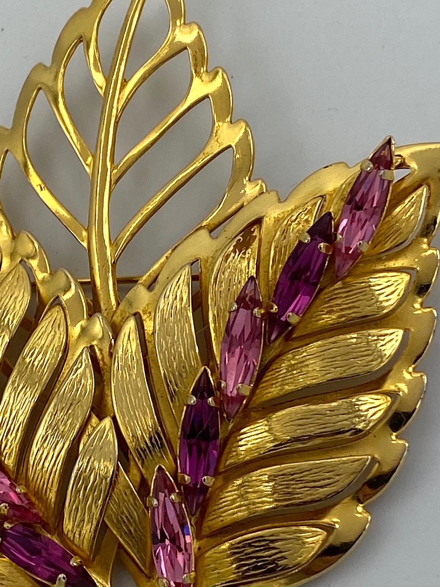 Philippe Ferrandis 1980s Large Gold with Red & Pink Rhinestone Leaf Brooch 6