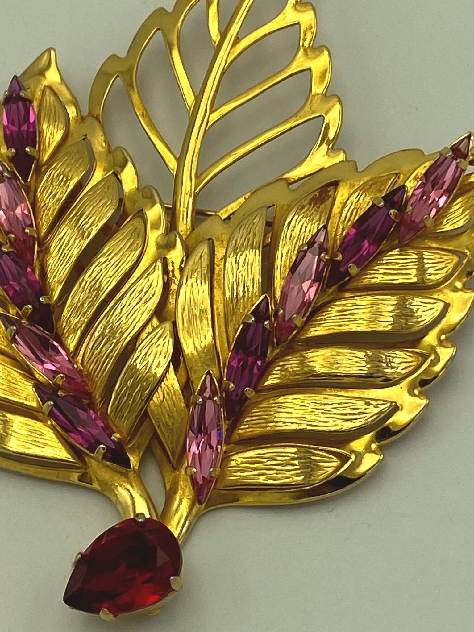 Philippe Ferrandis 1980s Large Gold with Red & Pink Rhinestone Leaf Brooch 7
