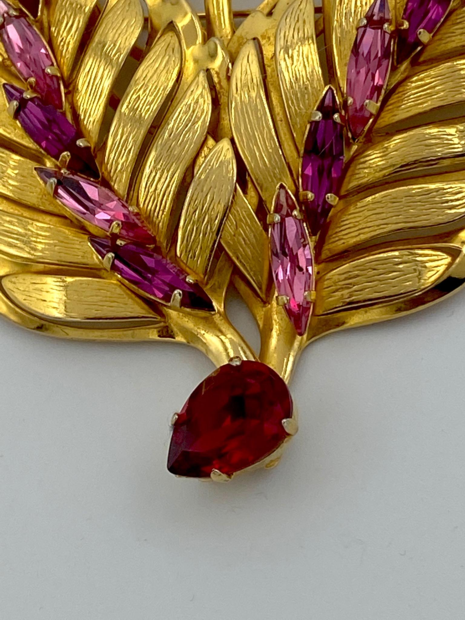 Philippe Ferrandis 1980s Large Gold with Red & Pink Rhinestone Leaf Brooch 8