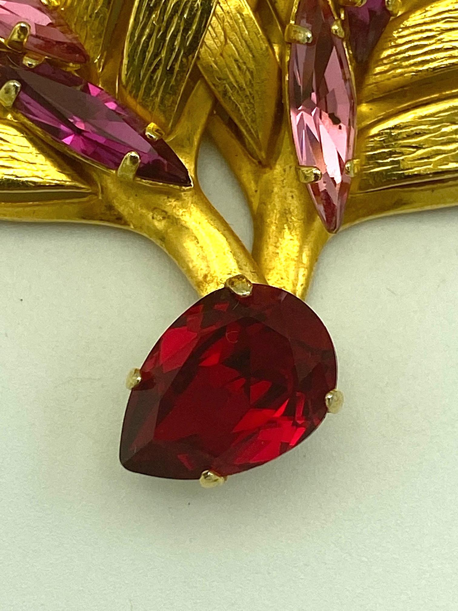 Philippe Ferrandis 1980s Large Gold with Red & Pink Rhinestone Leaf Brooch 9