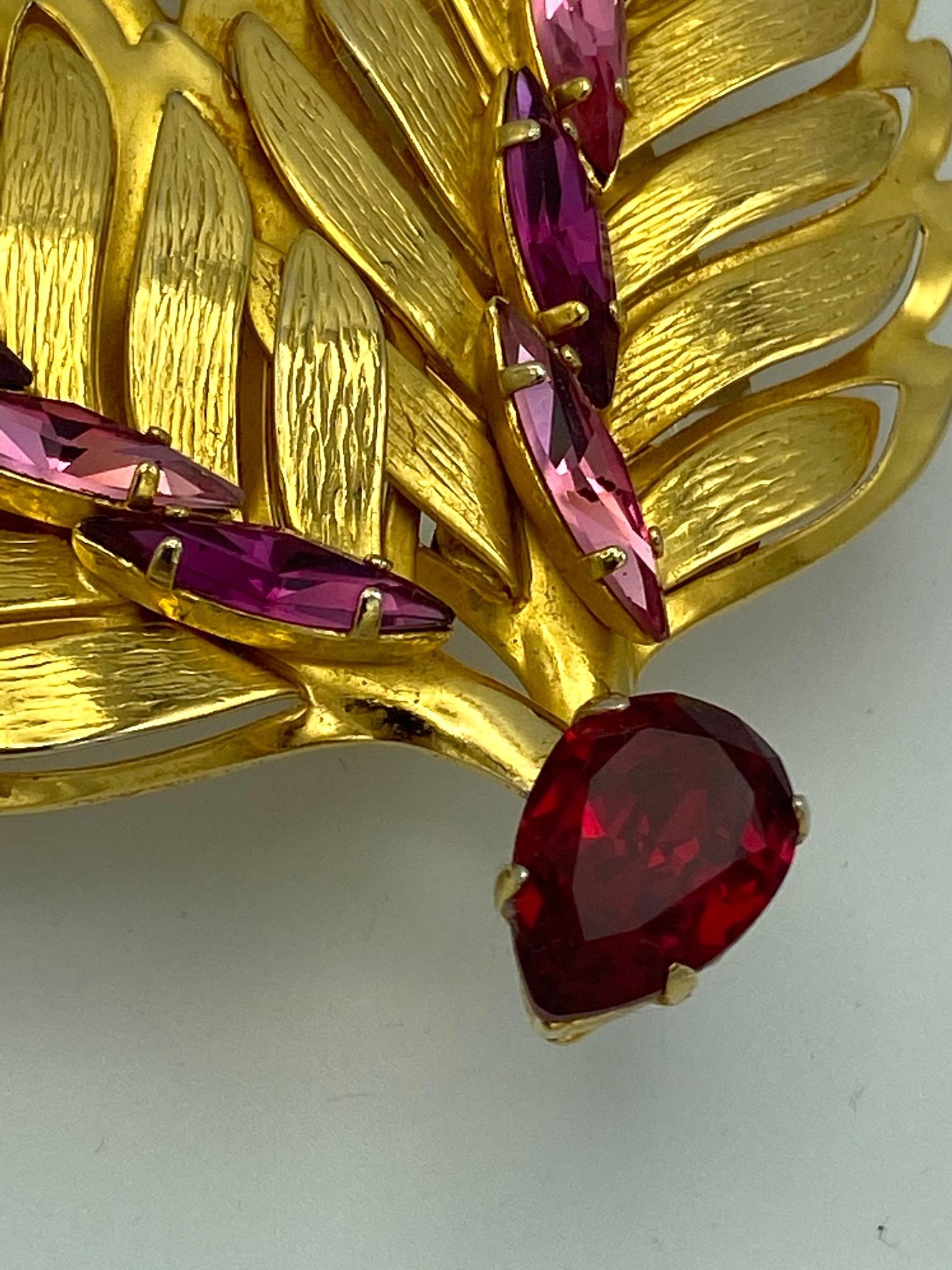Philippe Ferrandis 1980s Large Gold with Red & Pink Rhinestone Leaf Brooch 10