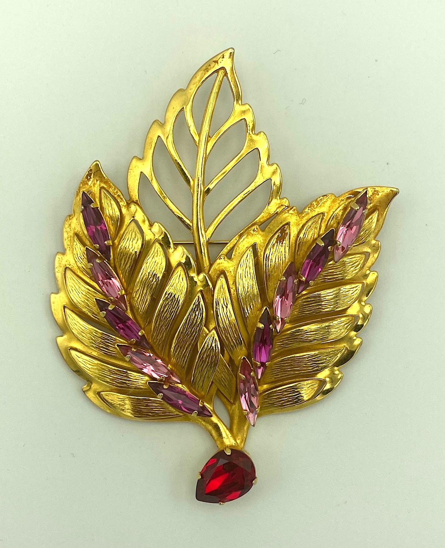 Philippe Ferrandis 1980s Large Gold with Red & Pink Rhinestone Leaf Brooch In Good Condition In New York, NY