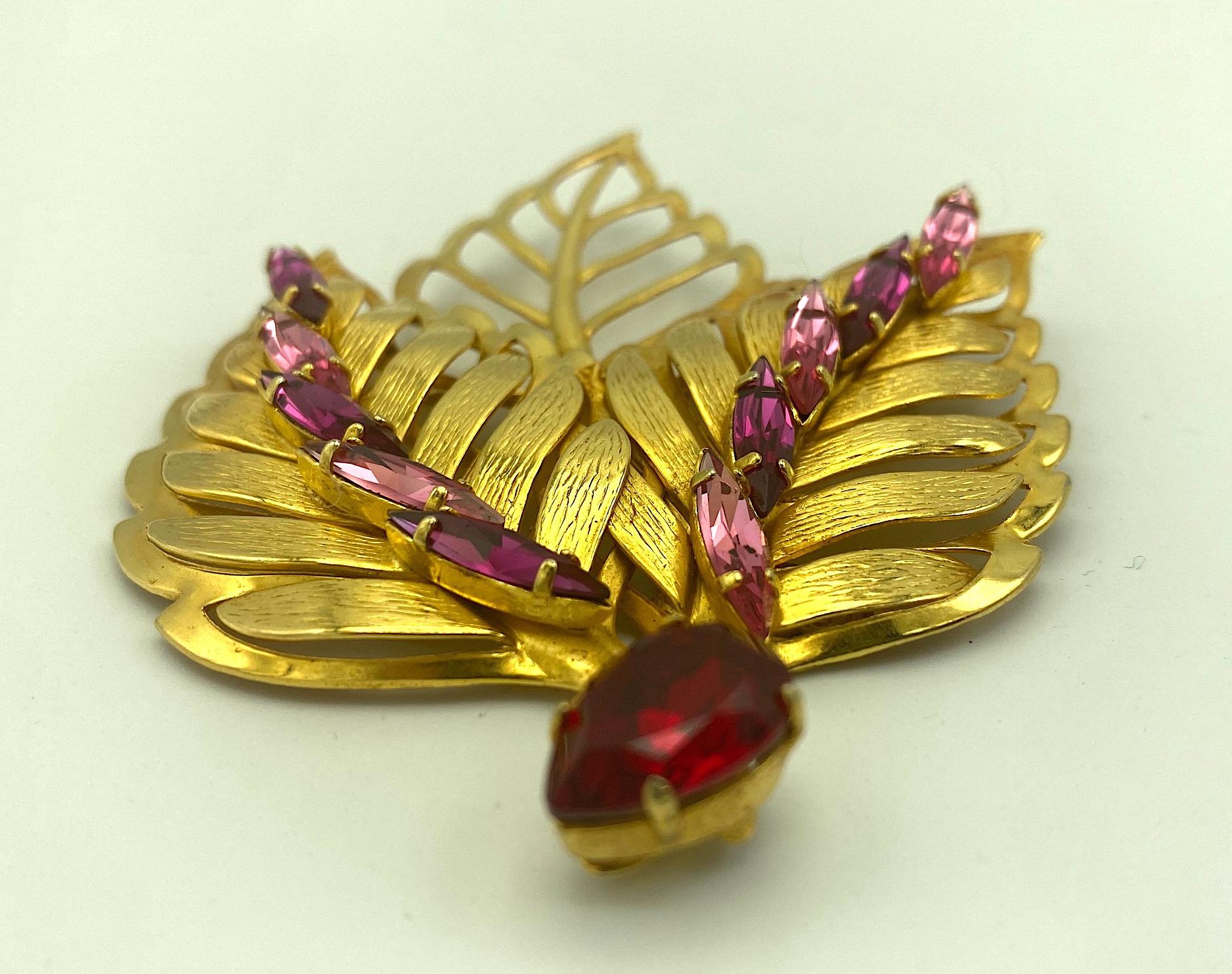 Women's Philippe Ferrandis 1980s Large Gold with Red & Pink Rhinestone Leaf Brooch