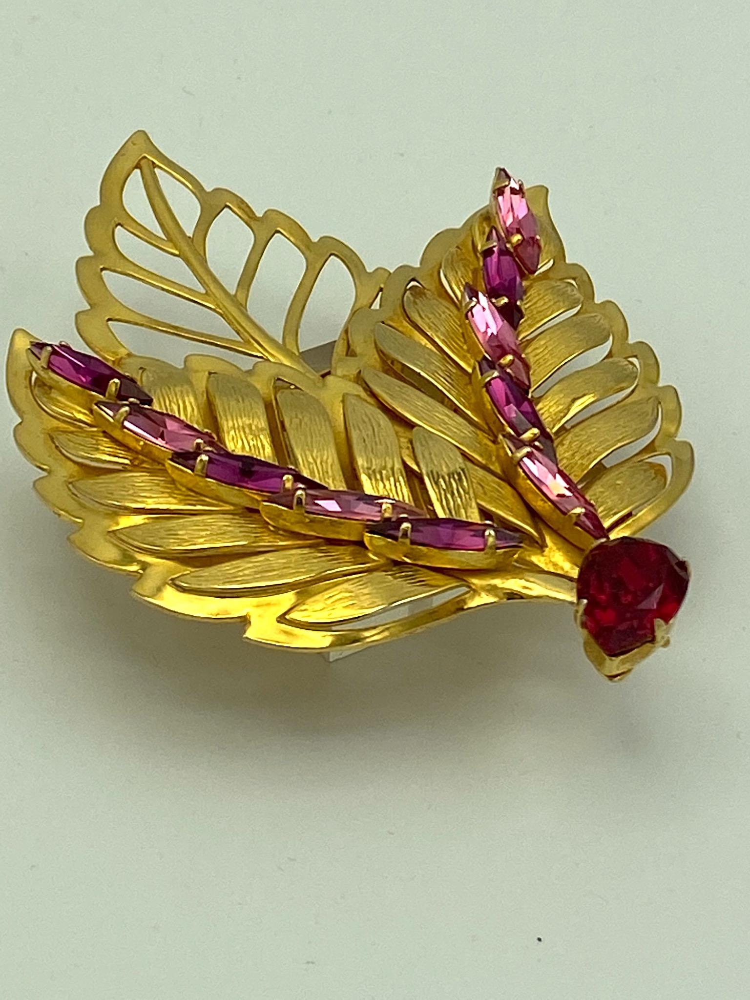 Philippe Ferrandis 1980s Large Gold with Red & Pink Rhinestone Leaf Brooch 1