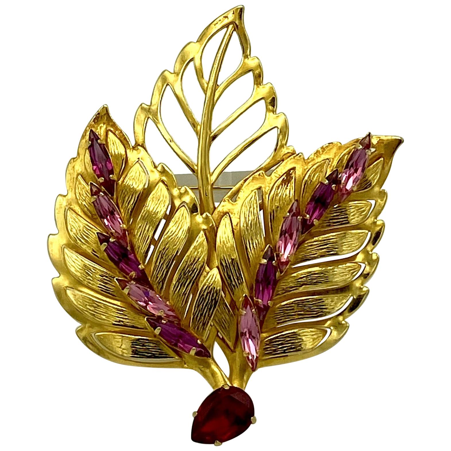 Philippe Ferrandis 1980s Large Gold with Red & Pink Rhinestone Leaf Brooch