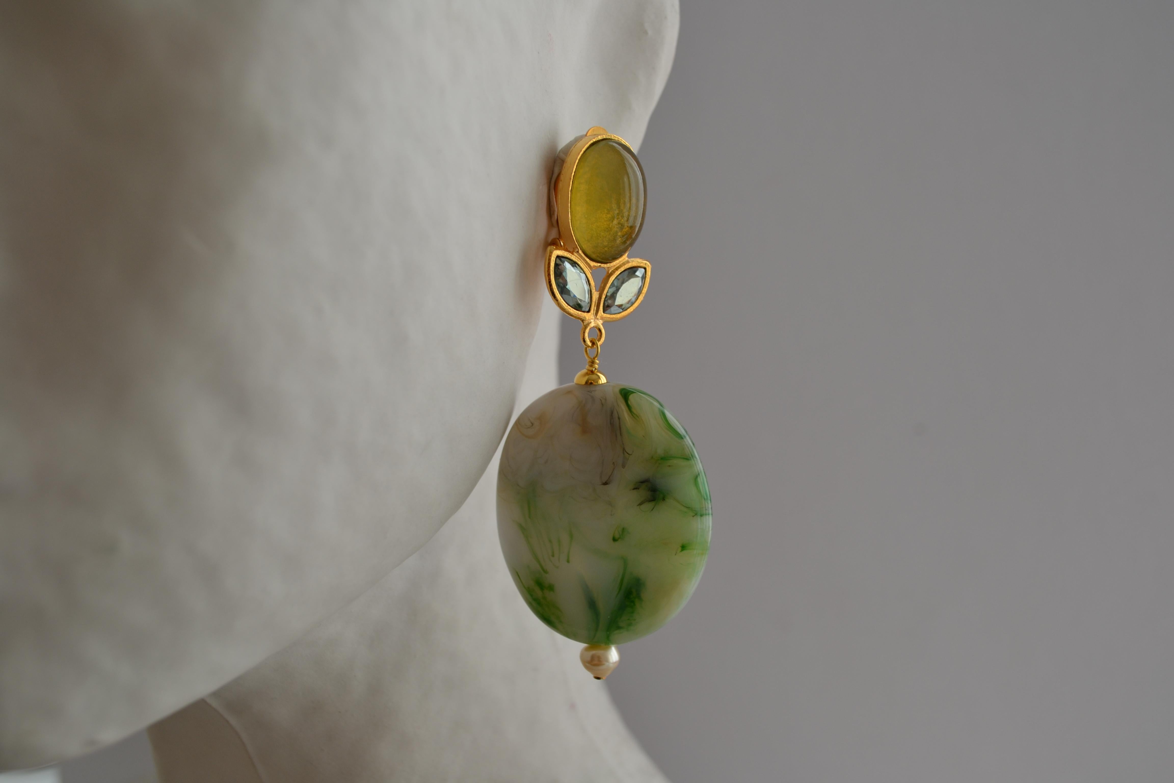 Green agate swirl drop earrings with glass and crystal top and glass pearl bottom from Philippe Ferrandis. 