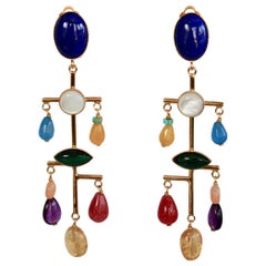 Philippe Ferrandis Agate, Lapis, Tourmaline, and Mother of Pearl Clip Earrings