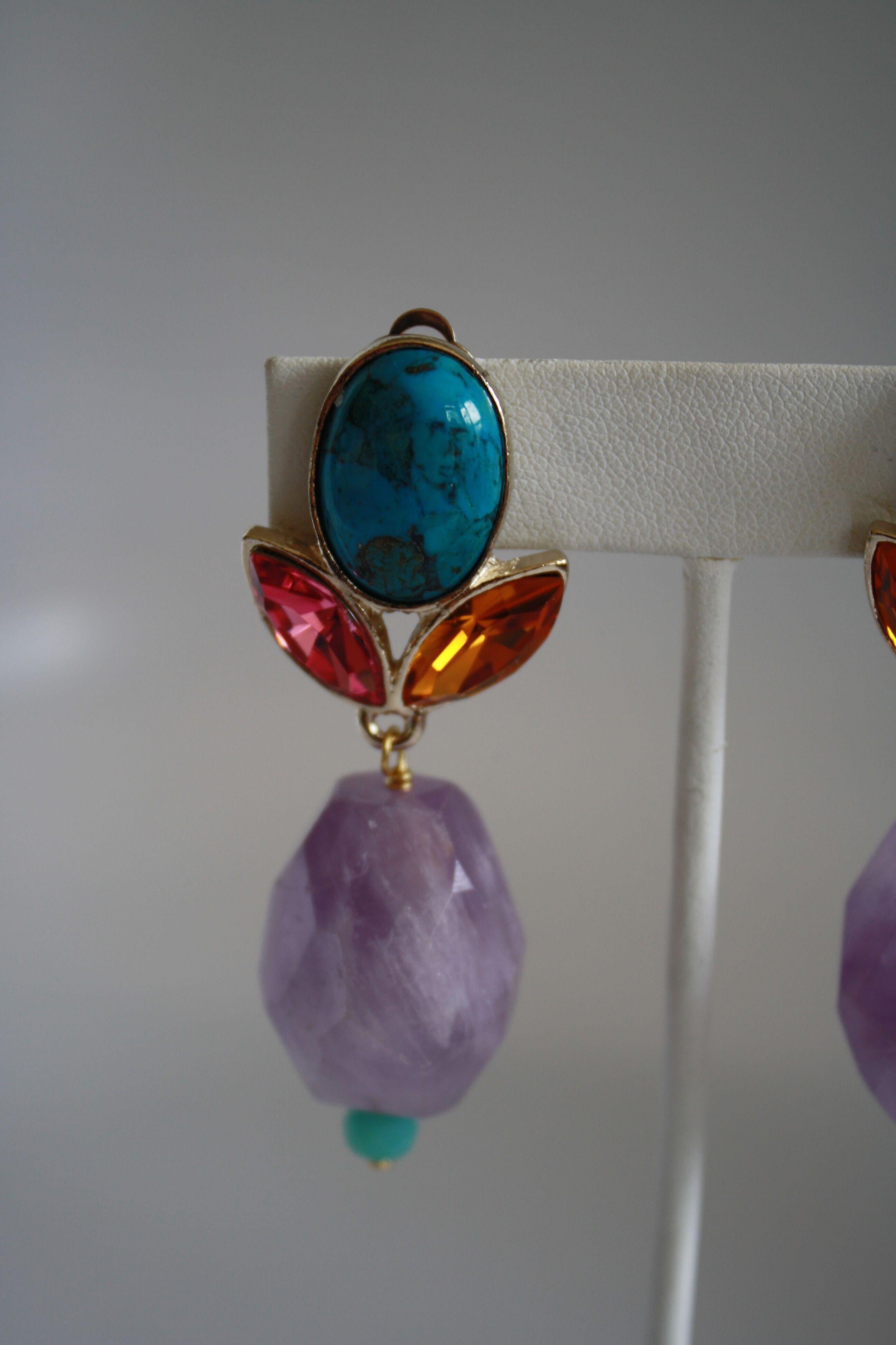 Philippe Ferrandis Amethyst, Turquoise, Glass Cabochon, & Crystal Clip Earrings In New Condition In Virginia Beach, VA