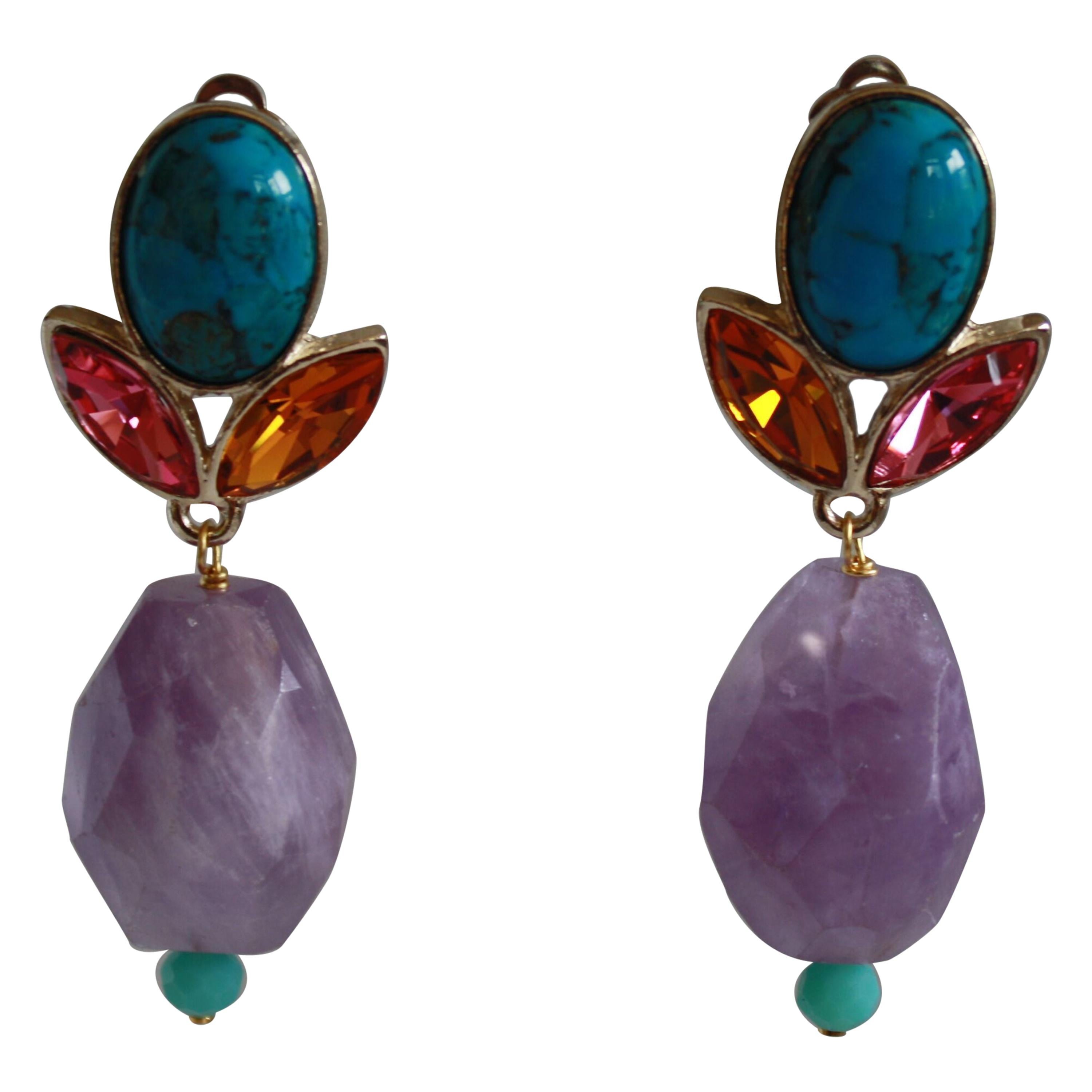 Philippe Ferrandis Amethyst, Turquoise, Glass Cabochon, & Crystal Clip Earrings