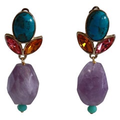 Philippe Ferrandis Amethyst, Turquoise, Glass Cabochon, & Crystal Clip Earrings