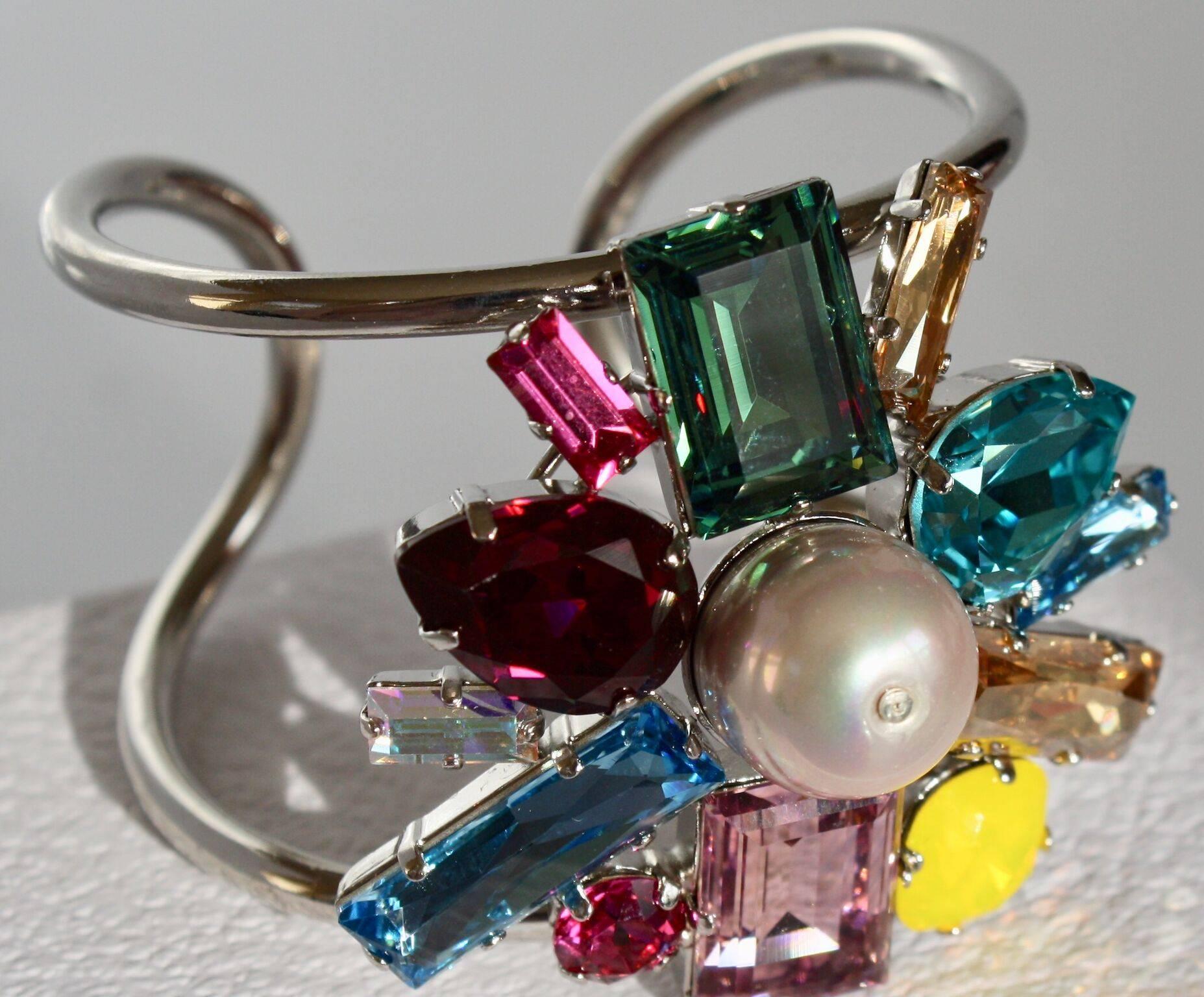 Swarovski crystal and glass pearl cuff bracelet from Philippe Ferrandis. 

Cuff is 8