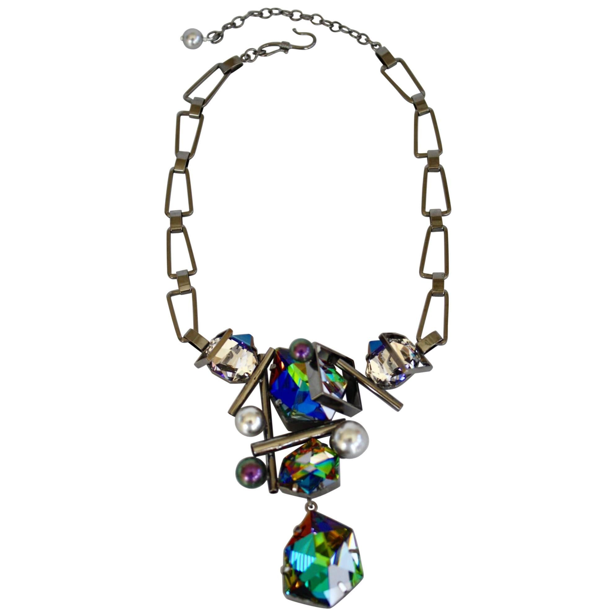 Philippe Ferrandis Black Metal, Glass Cabochon, and Crystal Pendant Necklace For Sale