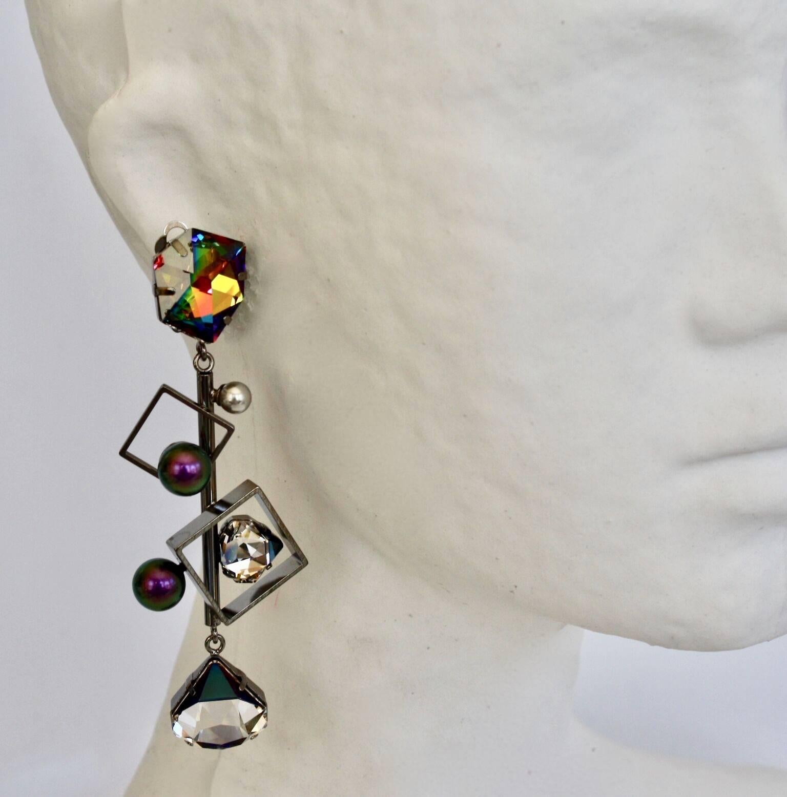 From Philippe Ferrandis' newest 2018 collection. Black metal, glass, and crystal clip earrings. 