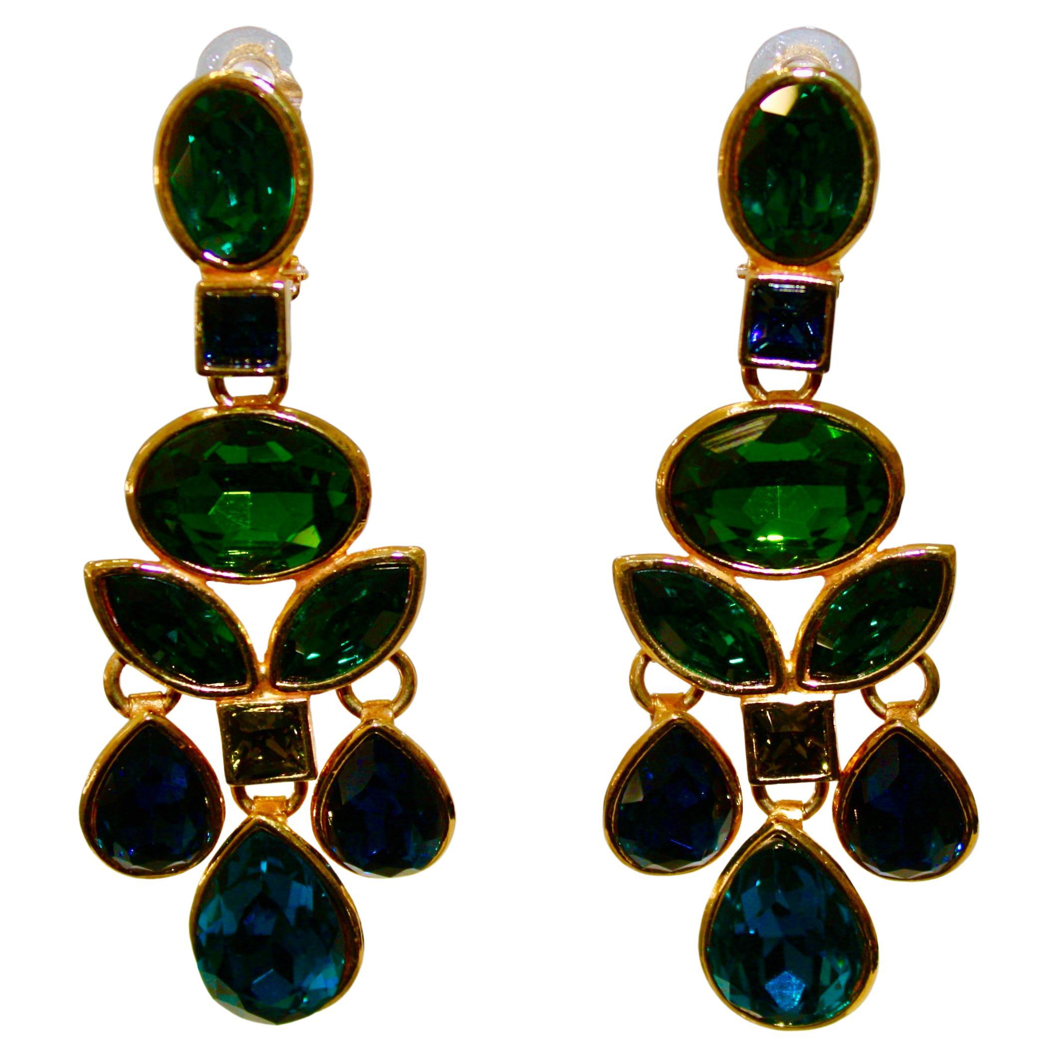 Philippe Ferrandis Blue and Green Statement Clip Earrings
