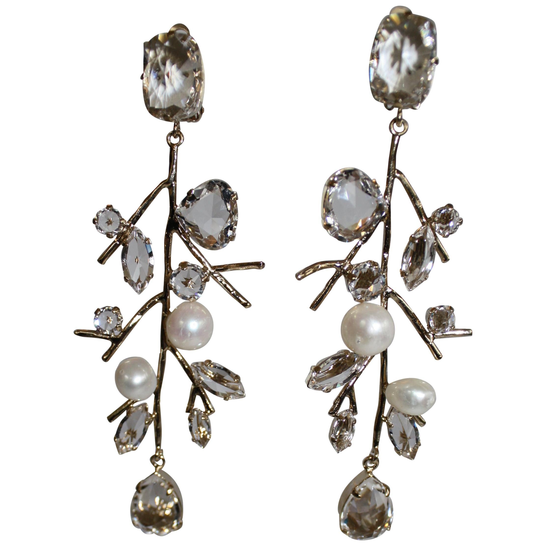 Philippe Ferrandis Crystal and Pearl Branch Motif Statement Clips