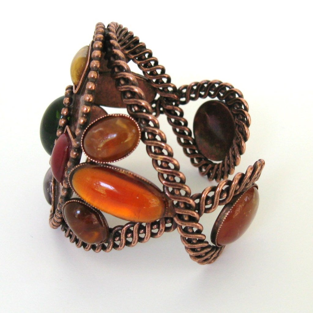 Phillippe Ferrandis Multi glass Stone Bronze Runway Bracelet Cuff. Massive Cuff that will turn heads. Bezel set poured glass adore the top and sides of the bracelet. Made in France. Truly a work of art, tags still attached New Old Stock Circa 1990s.